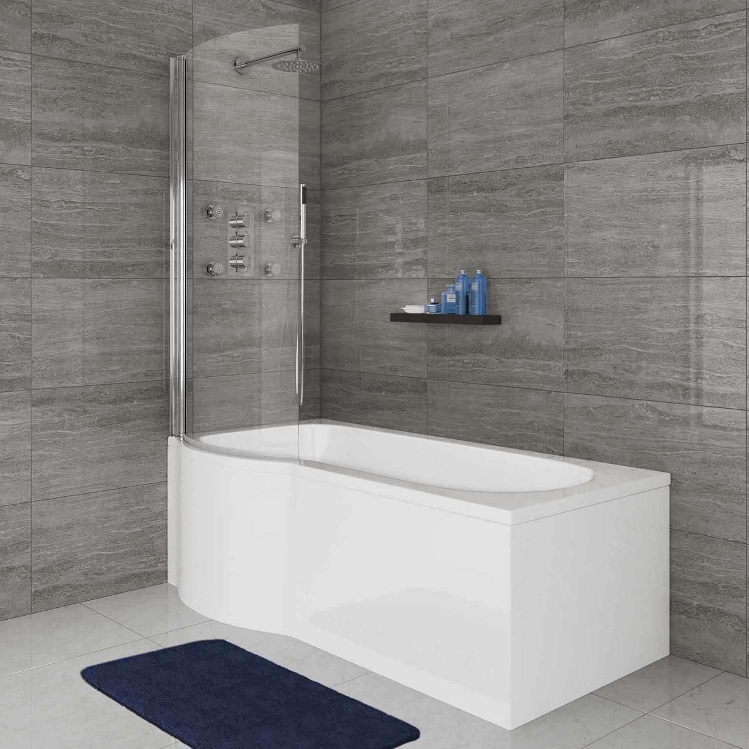 iBathUK Trena Left Hand P-Shaped Shower Bath, Modern Acrylic Bathtub with Glass Screen & Matching Side Panel, P Shaped Bathtub Panel, 1500mm