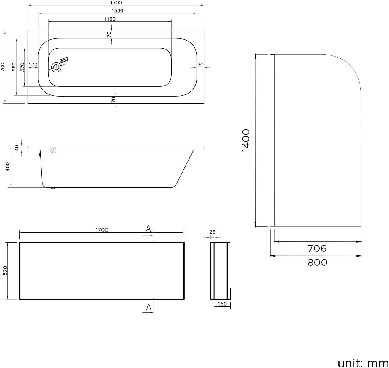 iBathUK Arvon 1700mm Single Ended Straight Bath Modern Acrylic Bathtub with 800mm Toughened Glass Shower Screen
