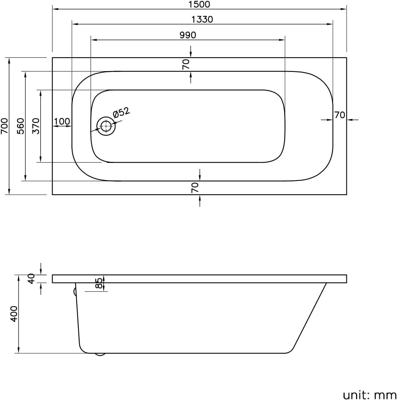 iBathUK Arvon Luxury Single Ended Bath, Compact Straight Acrylic Bathtub with Matching Front Panel for Modern Bathrooms, 1500mm