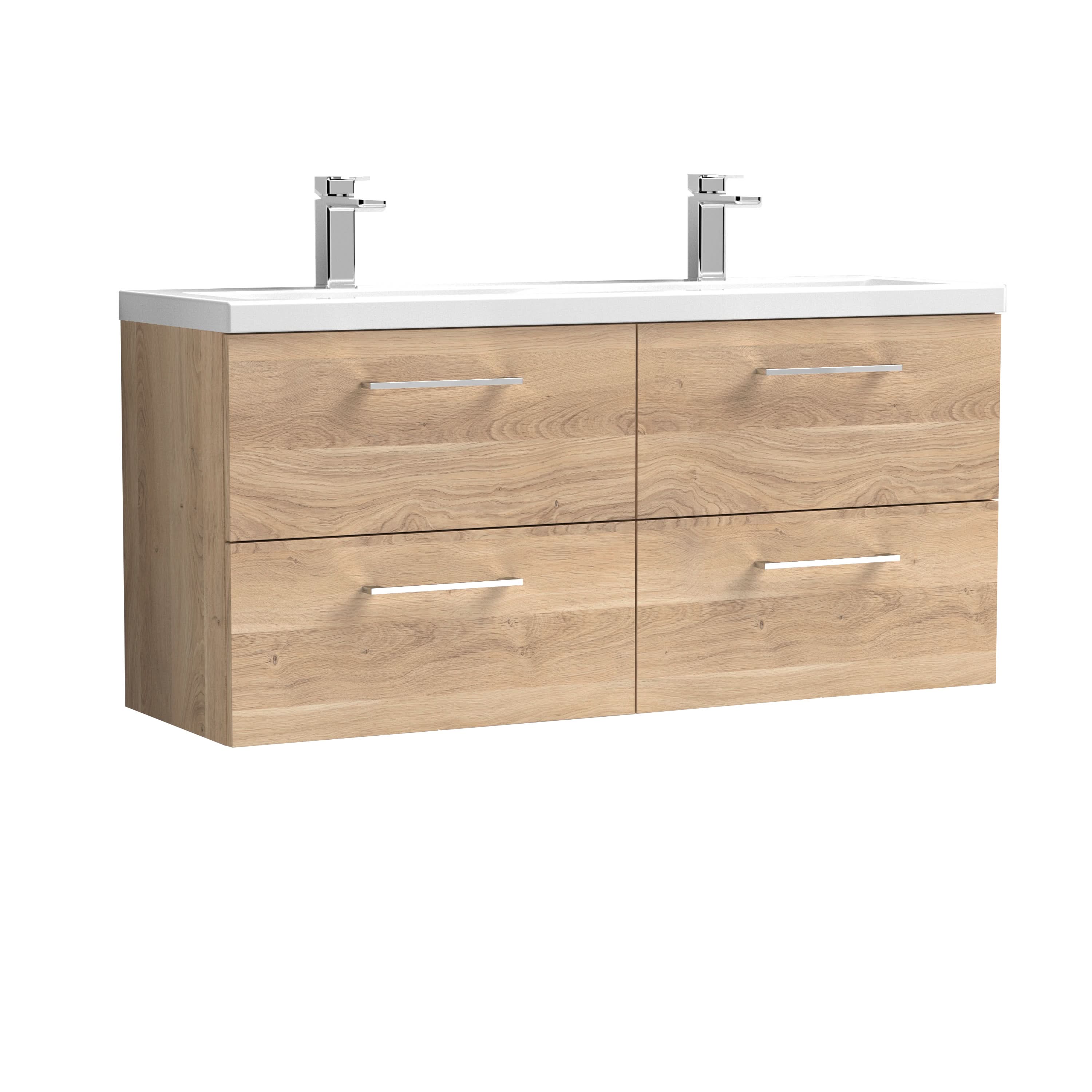 Nuie Arno Wall Hung 4 Drawer Vanity Unit & Double Ceramic Basin, Elegant Sink Vanity Unit in Bleached Oak with Bleached Cuneo Oak Basin, 1200mm