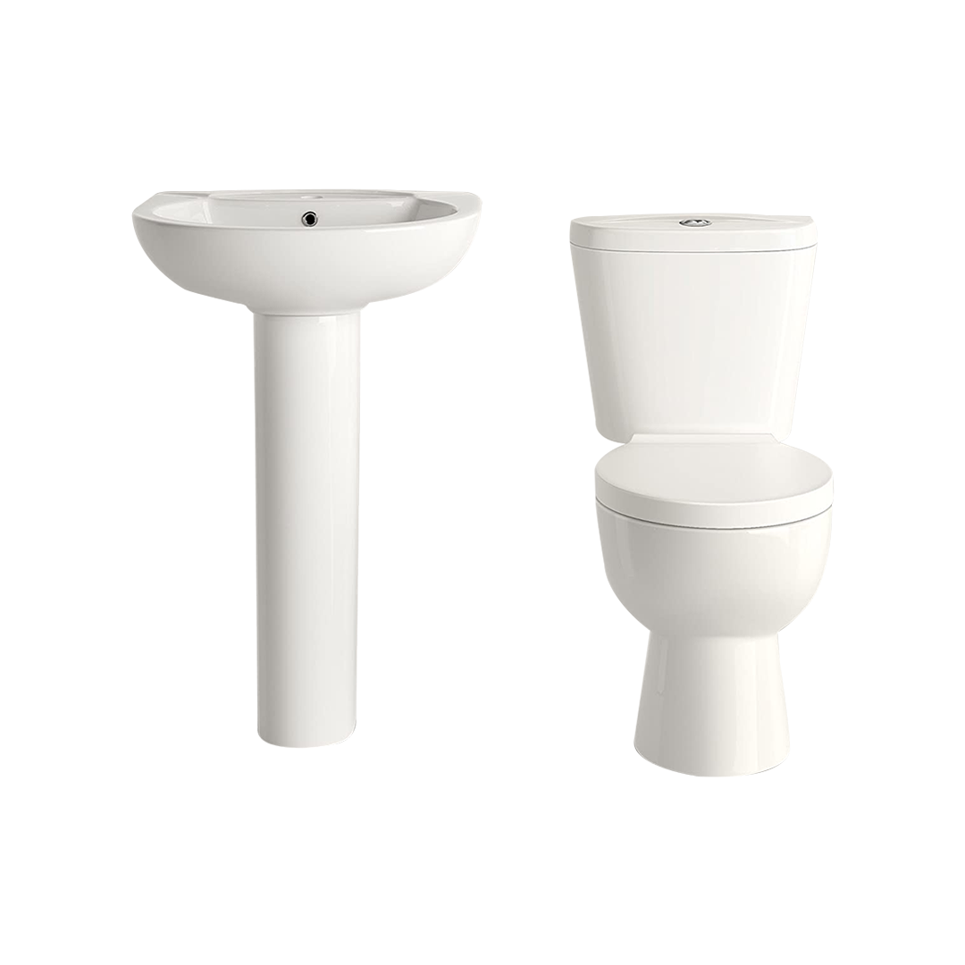 iBathUK Basics Close Coupled Toilet & Round Pedestal Basin, Stylish Complete Bathroom Suites for Contemporary Home