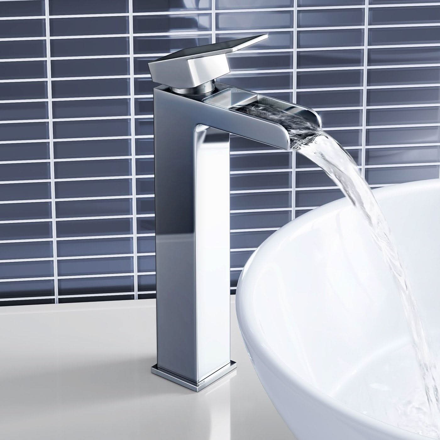 iBathUK Craven Tall Waterfall Counter Top Basin Mixer Tap, Basin with Mixer Tap, Chrome Designer Bathroom Sink Faucet
