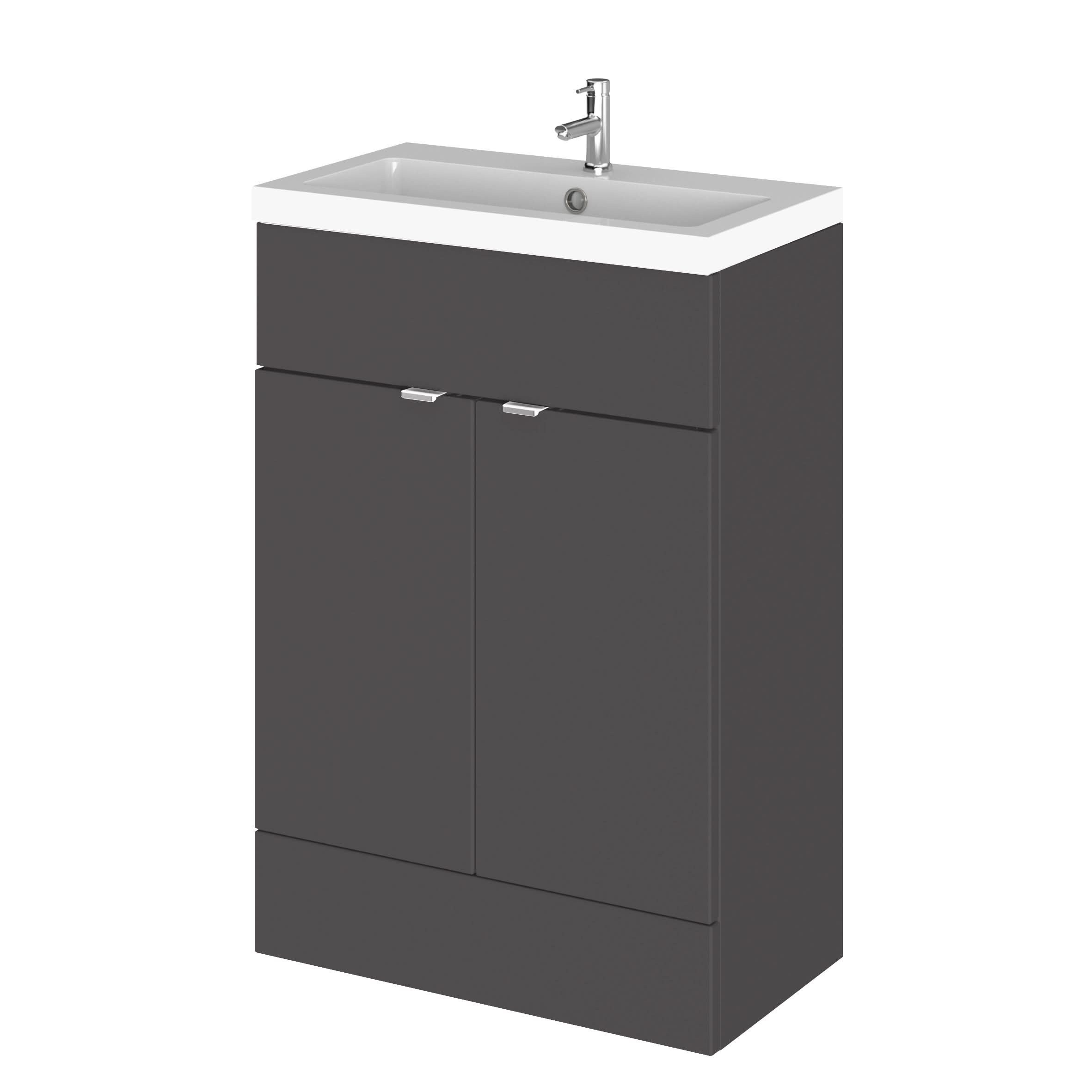 Hudson Reed Fusion Floor Standing 2 Door Vanity Unit & Polymarble Basin, Stylish Sink Vanity Unit, Gloss Grey, 600mm