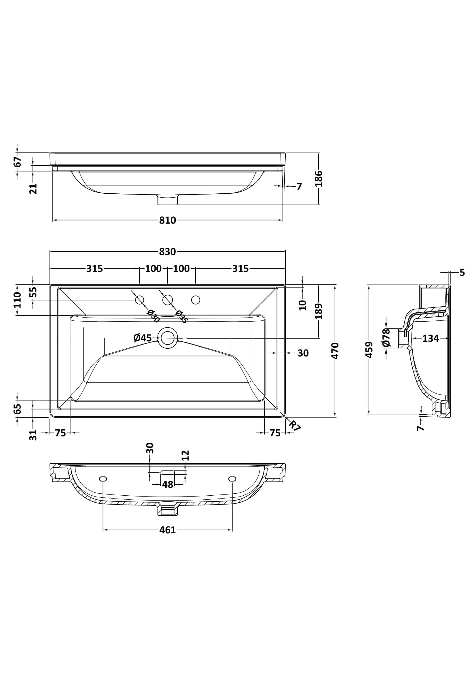Old London Classique Components Fireclay Classic Basin 3 Tap Hole,  Premium Ceramic Wash Basin, White, 800mm