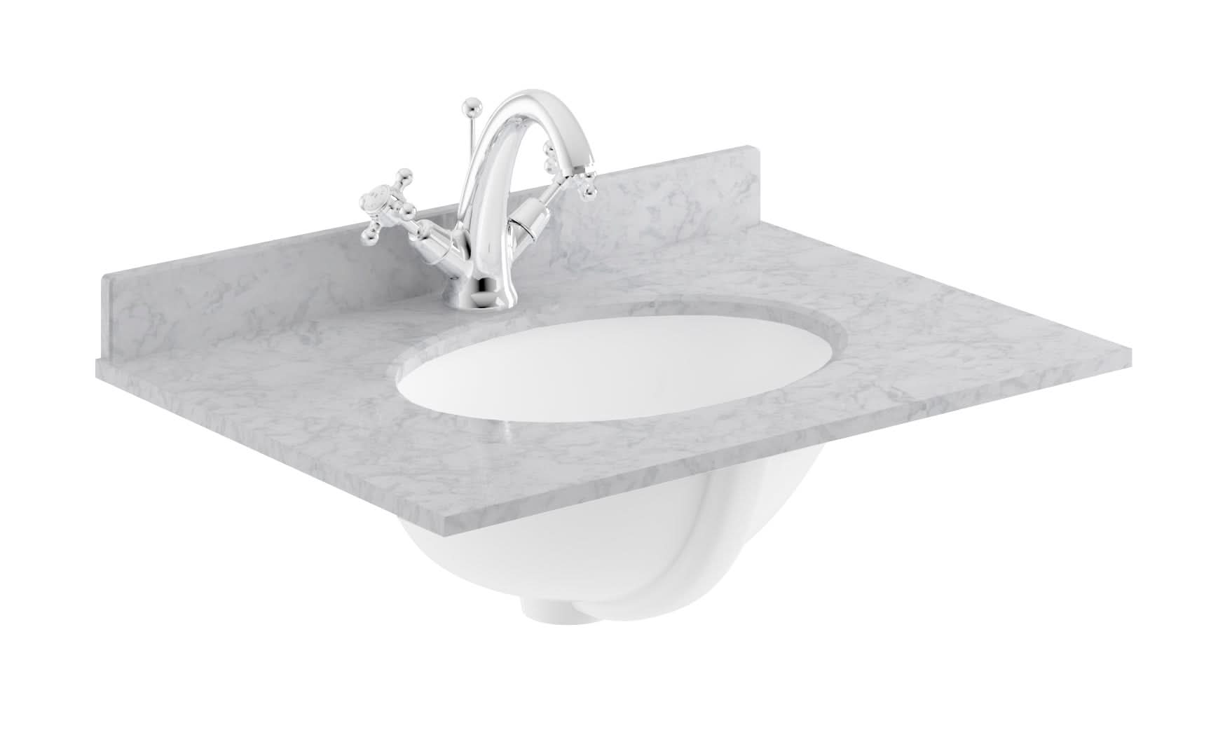 Old London Wall Mounted Marble Top Basin with 1 Tap Hole, Modern Round Ceramic Wash Basin with Countertop, Durable Bathroom Furniture in Premium Grey Finish, 600mm