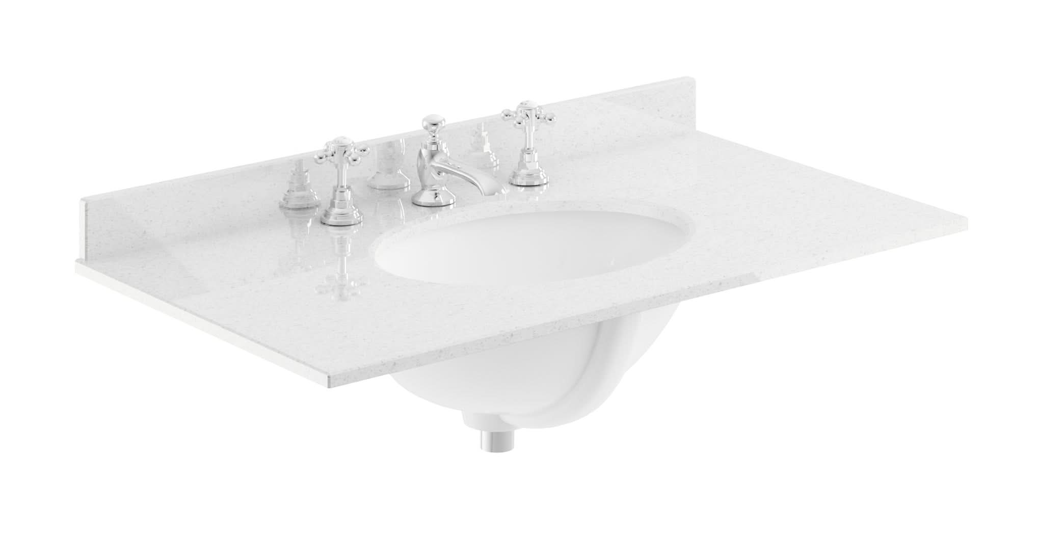 Old London Wall Mounted Marble Top Basin with 3 Tap Hole, Modern Round Ceramic Wash Basin with Countertop, Durable Bathroom Furniture in Premium White Finish, 800mm