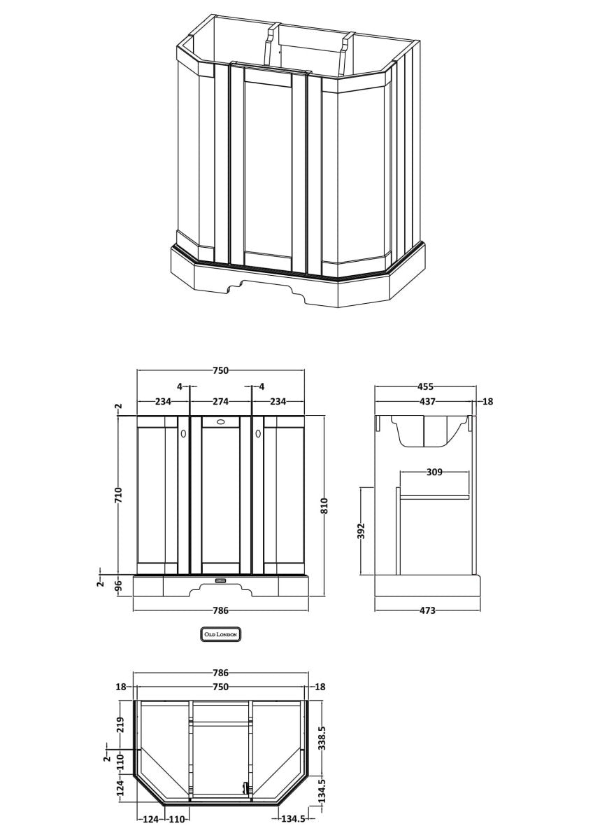 Old London Floor Standing Angled 3 Door Vanity Unit with Ceramic Basin, Traditional Bathroom Sink Cabinet in Twilight Blue, 600mm