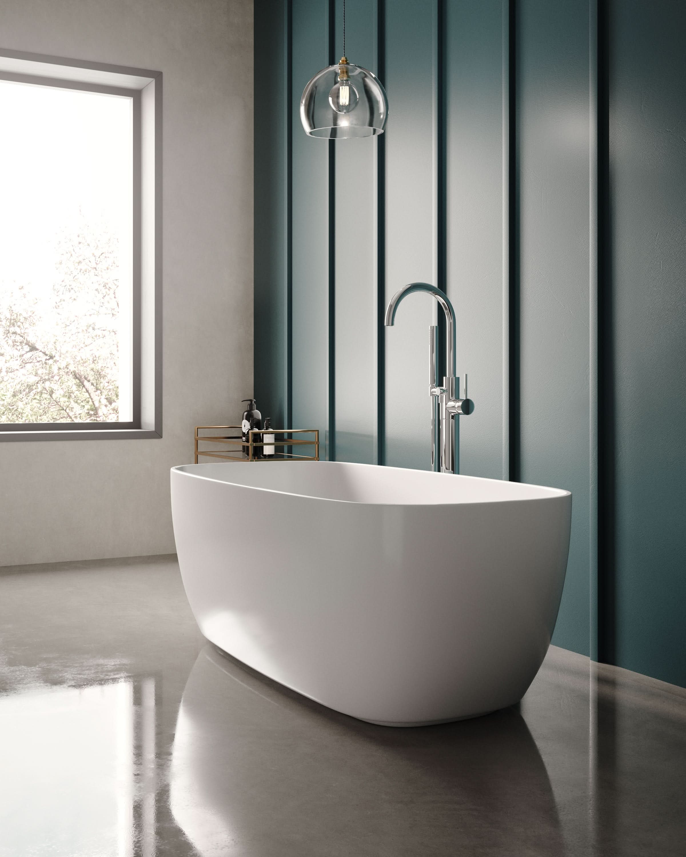 Hudson Reed Bella Oval Freestanding Bath Tub with Push Button Waste, Durable Acrylic Designer Bathtub in White, 1495x720mm