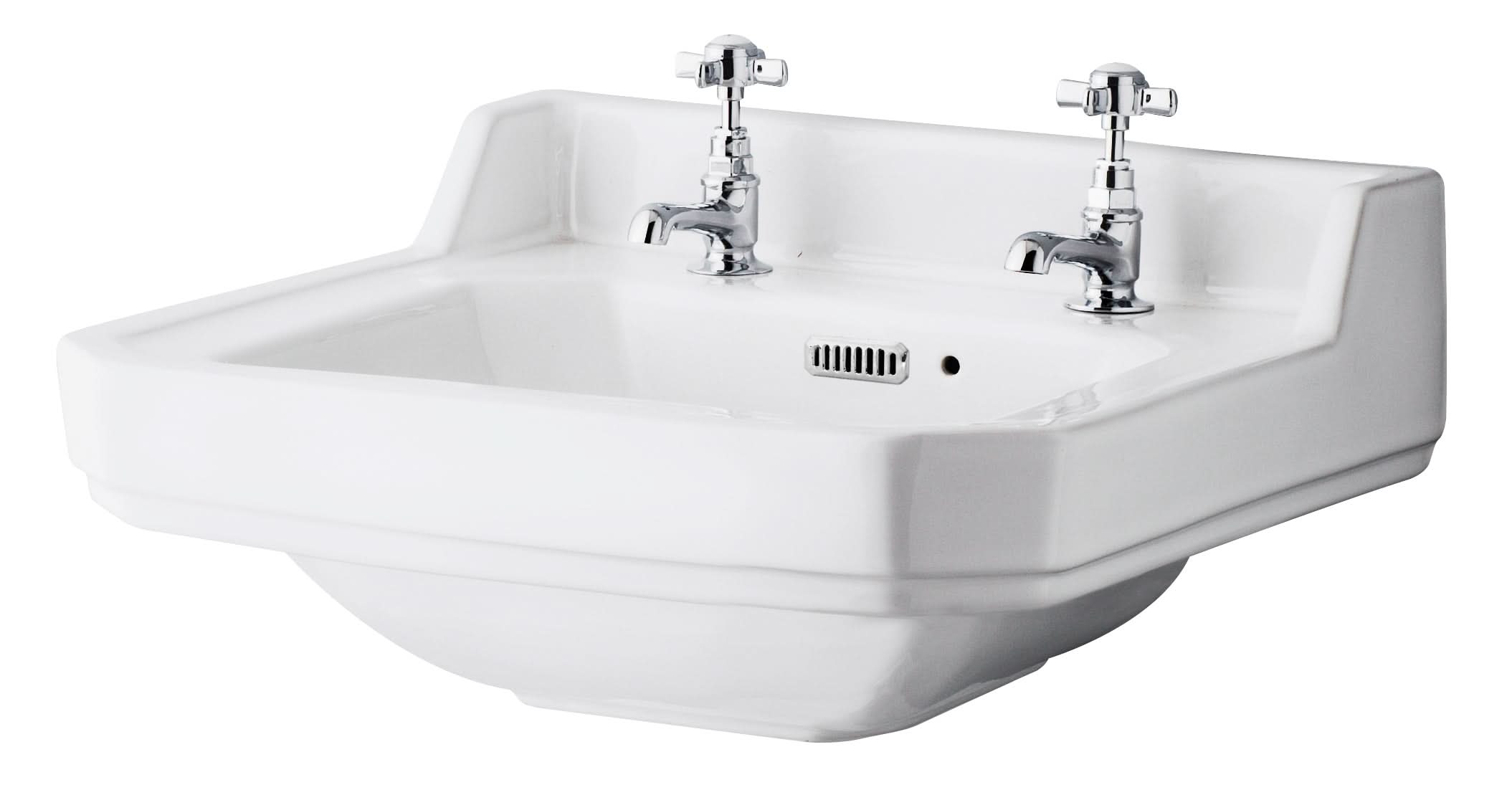 Old London Wall Hung 2 Tap Hole Ceramic Basin in Edwardian Style, Durable Sink for Compact Bathrooms and Cloakrooms in Square Bowl Design in Timeless Sand Finish, 595mm