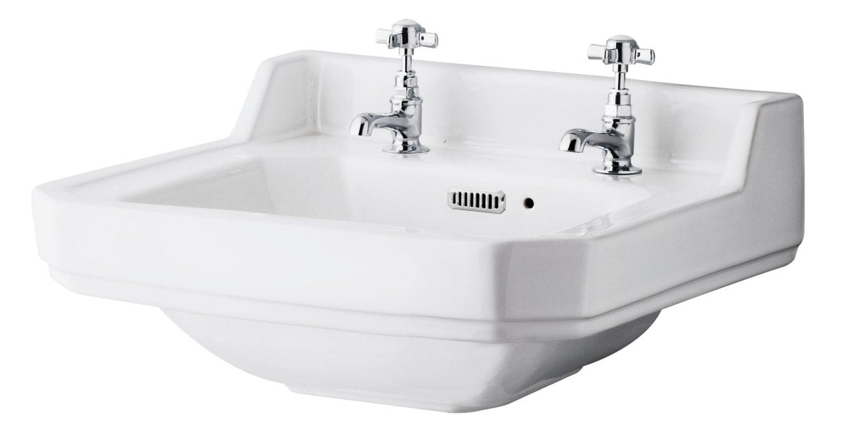 Old London Wall Hung 2 Tap Hole Ceramic Basin in Edwardian Style, Durable Sink for Compact Bathrooms and Cloakrooms in Square Bowl Design in Timeless Sand Finish, 595mm