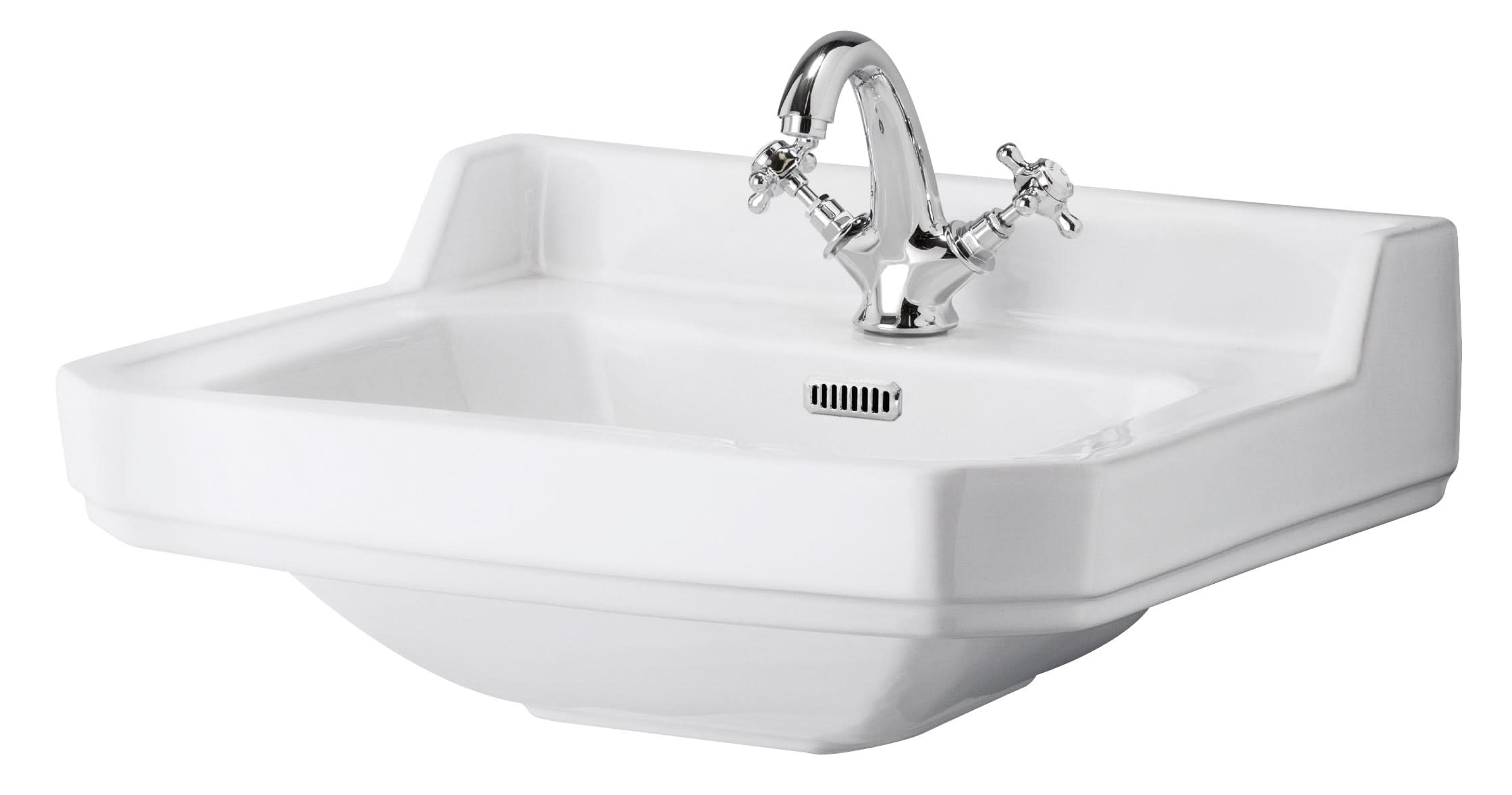 Old London Wall Hung 1 Tap Hole Ceramic Basin in Edwardian Style, Durable Sink for Compact Bathrooms and Cloakrooms in Square Bowl Design in Timeless Sand Finish, 595mm