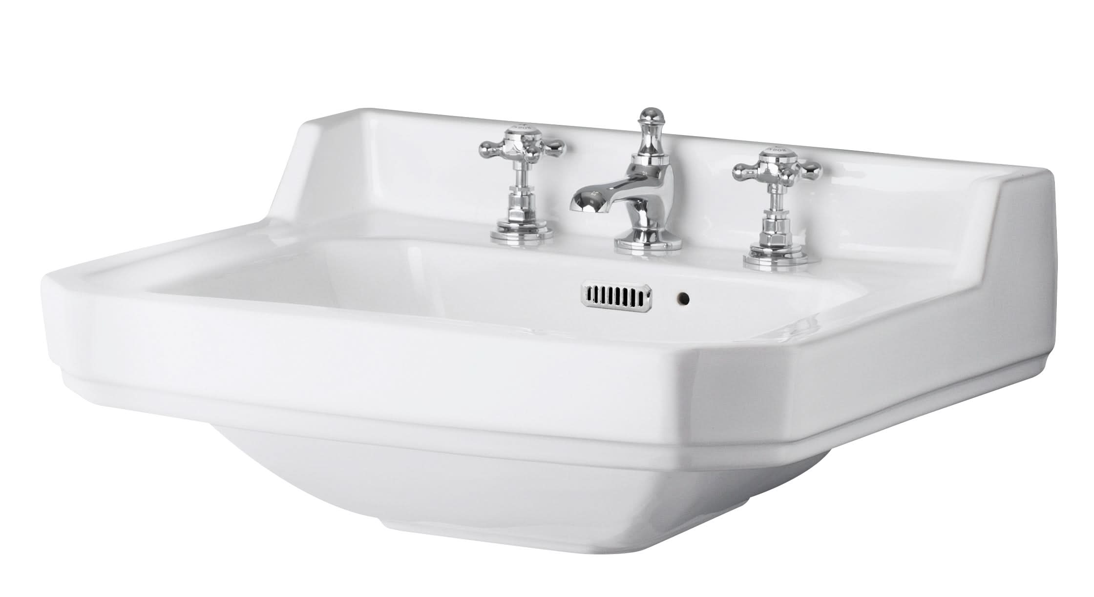 Old London Wall Hung 3 Tap Hole Ceramic Basin in Edwardian Style, Durable Sink for Compact Bathrooms and Cloakrooms in Square Bowl Design in Timeless Sand Finish, 595mm
