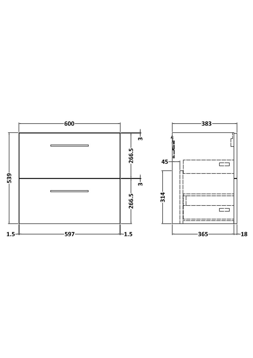 Hudson Reed Arno Wall Hung Vanity Unit, Durable Double Soft-Close Drawer with D-Shape Handle Vanity Unit for Modern Bathroom Setups in Satin Grey Finish, 600mm