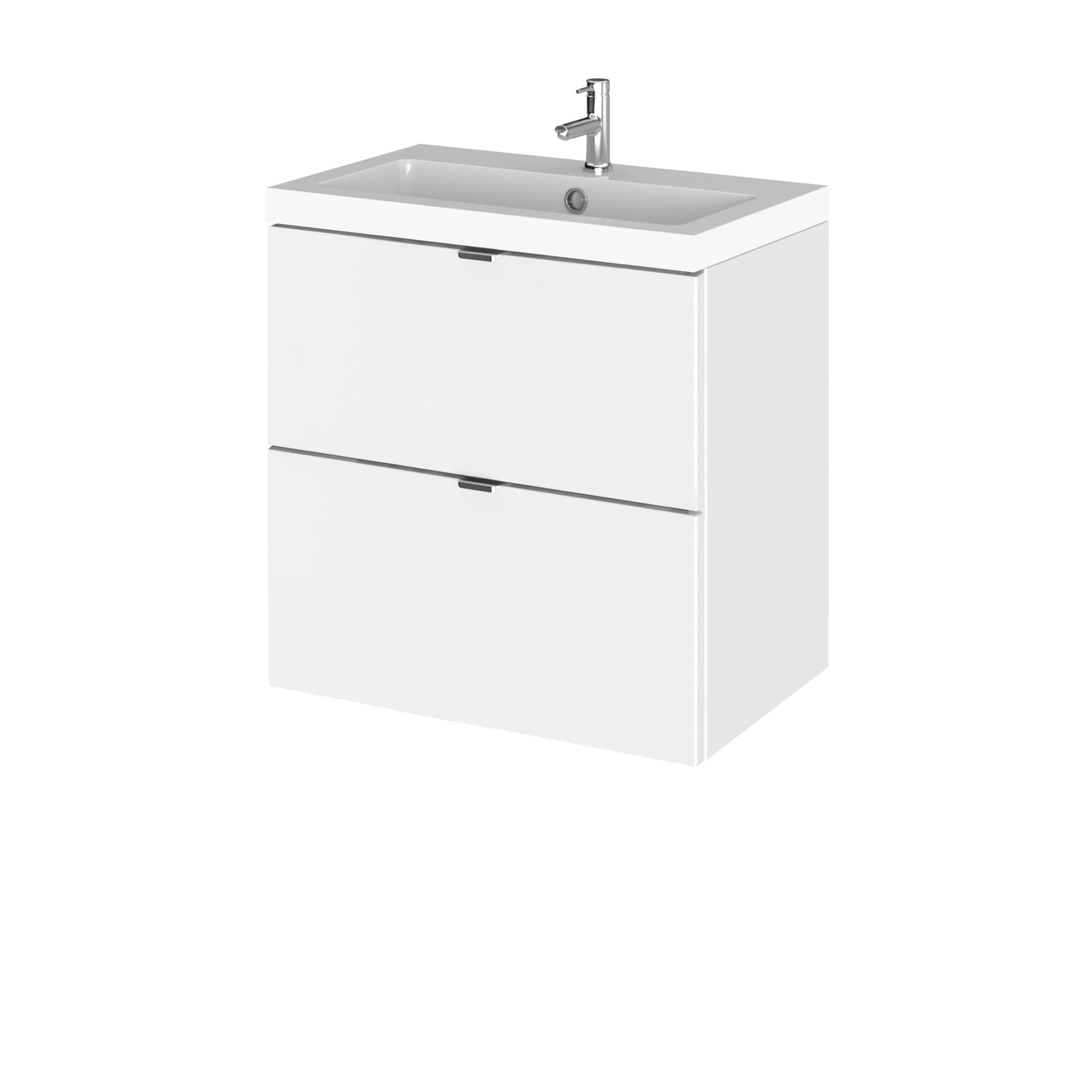 Hudson Reed Fusion Wall Hung Vanity Unit, Durable Double Soft Close Drawers with Wrapover Handle Cabinet Vanity Unit for Modern Bathroom in Gloss White Finish, 500mm