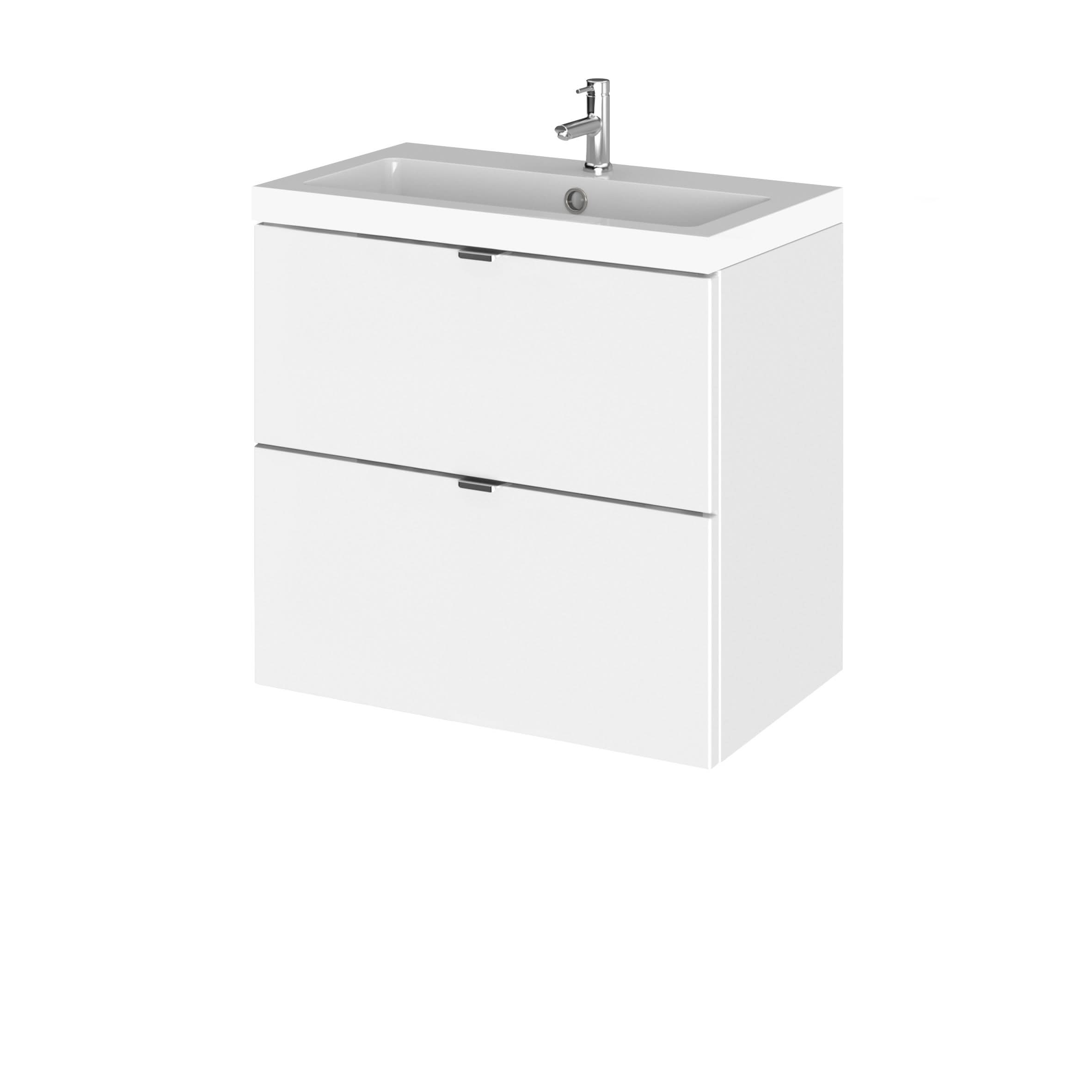 Hudson Reed Fusion Wall Hung Vanity Unit, Durable Double Soft Close Drawers with Wrapover Handle Cabinet Vanity Unit for Modern Bathroom in Gloss White Finish, 600mm
