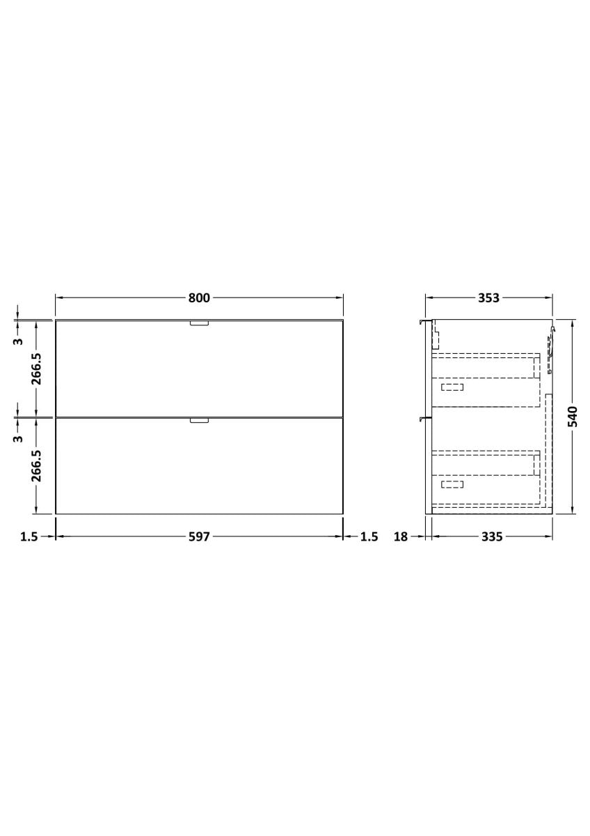 Hudson Reed Fusion Wall Hung 2 Soft Close Drawer Vanity Unit without Basin, Modern Bathroom Furniture in Gloss White Finish, 800mm
