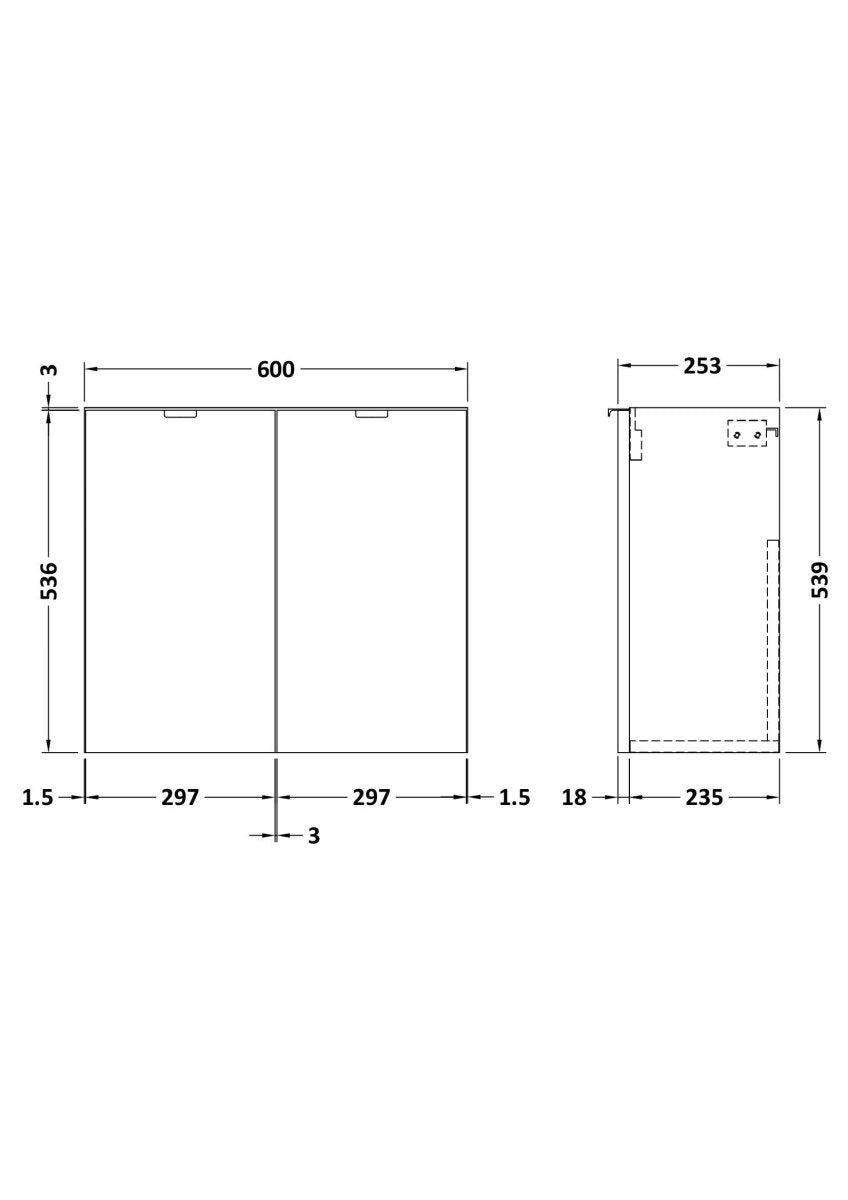 Hudson Reed Fusion Wall Hung 2 Door Vanity Unit without Basin, Modern Compact Bathroom Furniture in Gloss White Finish, 600mm