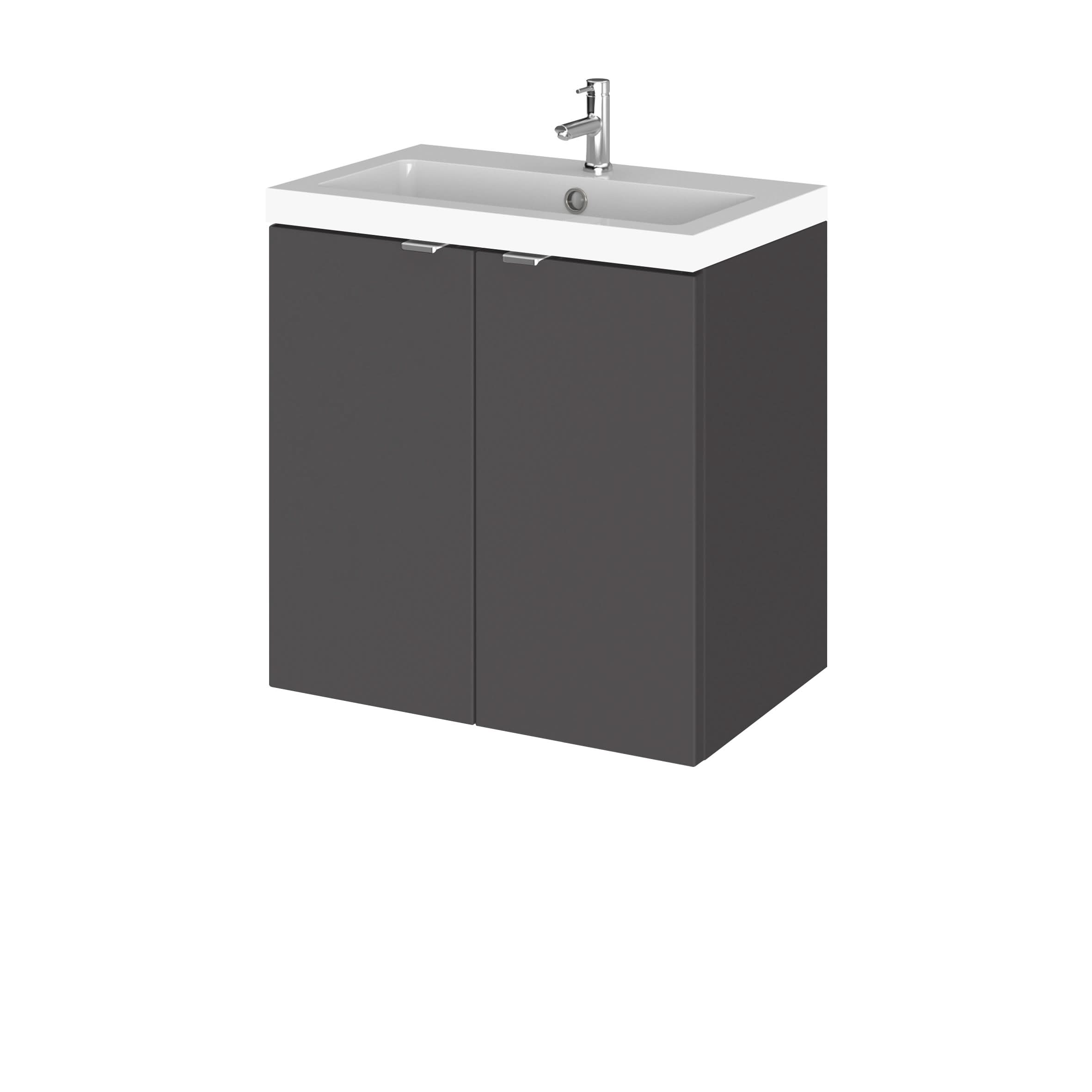 Hudson Reed Fusion Wall Hung Vanity Unit, Durable Double Soft Close Doors with Wrapover Handle Cabinet Vanity Unit for Modern Bathroom in Gloss Grey Finish, 500mm