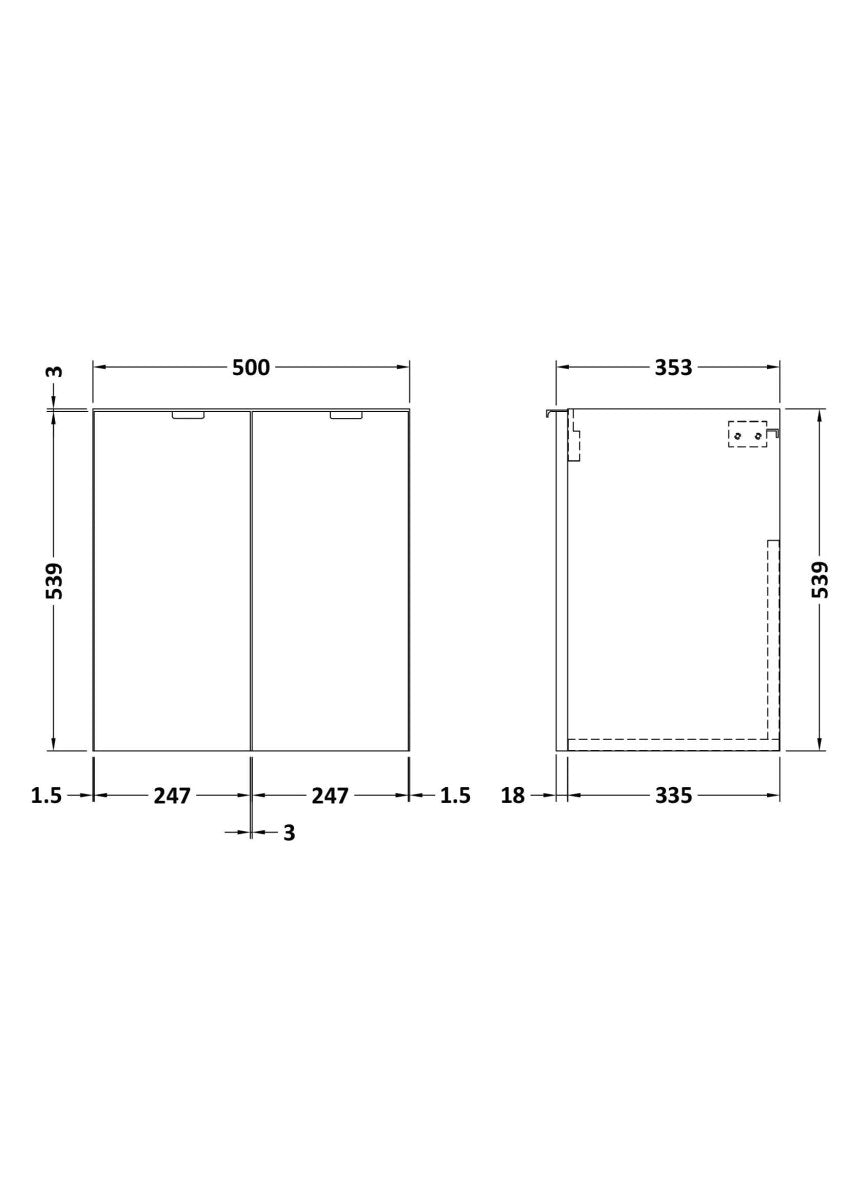 Hudson Reed Fusion Wall Hung 2 Soft Close Door Vanity Unit without Basin, Modern Bathroom Furniture in Gloss Grey Finish, 500mm