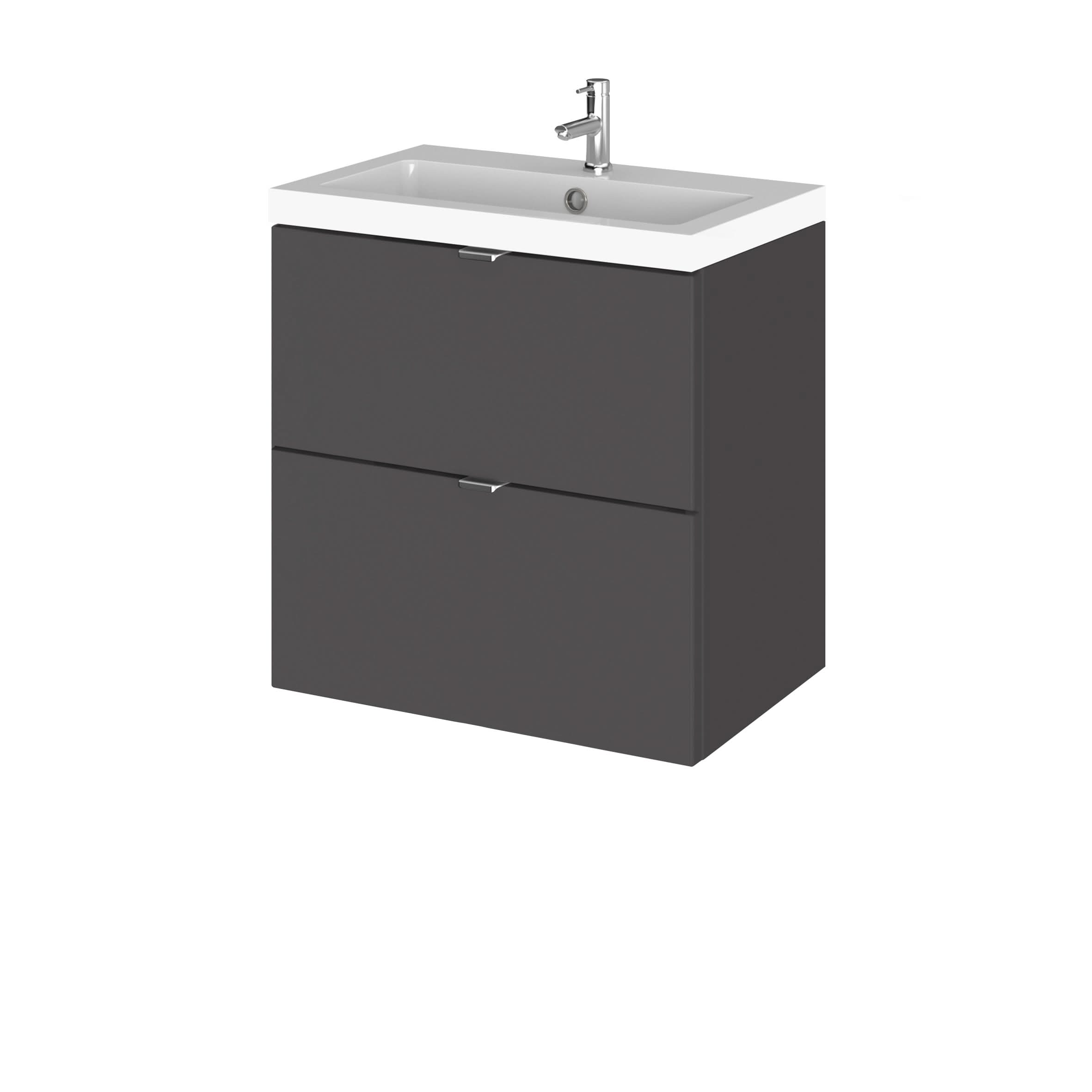 Hudson Reed Fusion Wall Hung Vanity Unit, Durable Double Soft Close Drawers with Wrapover Handle Cabinet Vanity Unit for Modern Bathroom in Gloss Grey Finish, 500mm