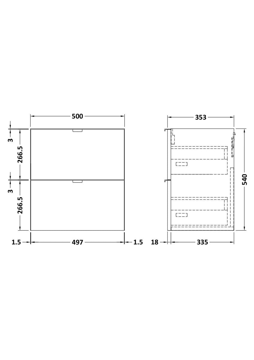Hudson Reed Fusion Wall Hung 2 Soft Close Drawer Vanity Unit without Basin, Modern Bathroom Furniture in Gloss Grey Finish, 500mm