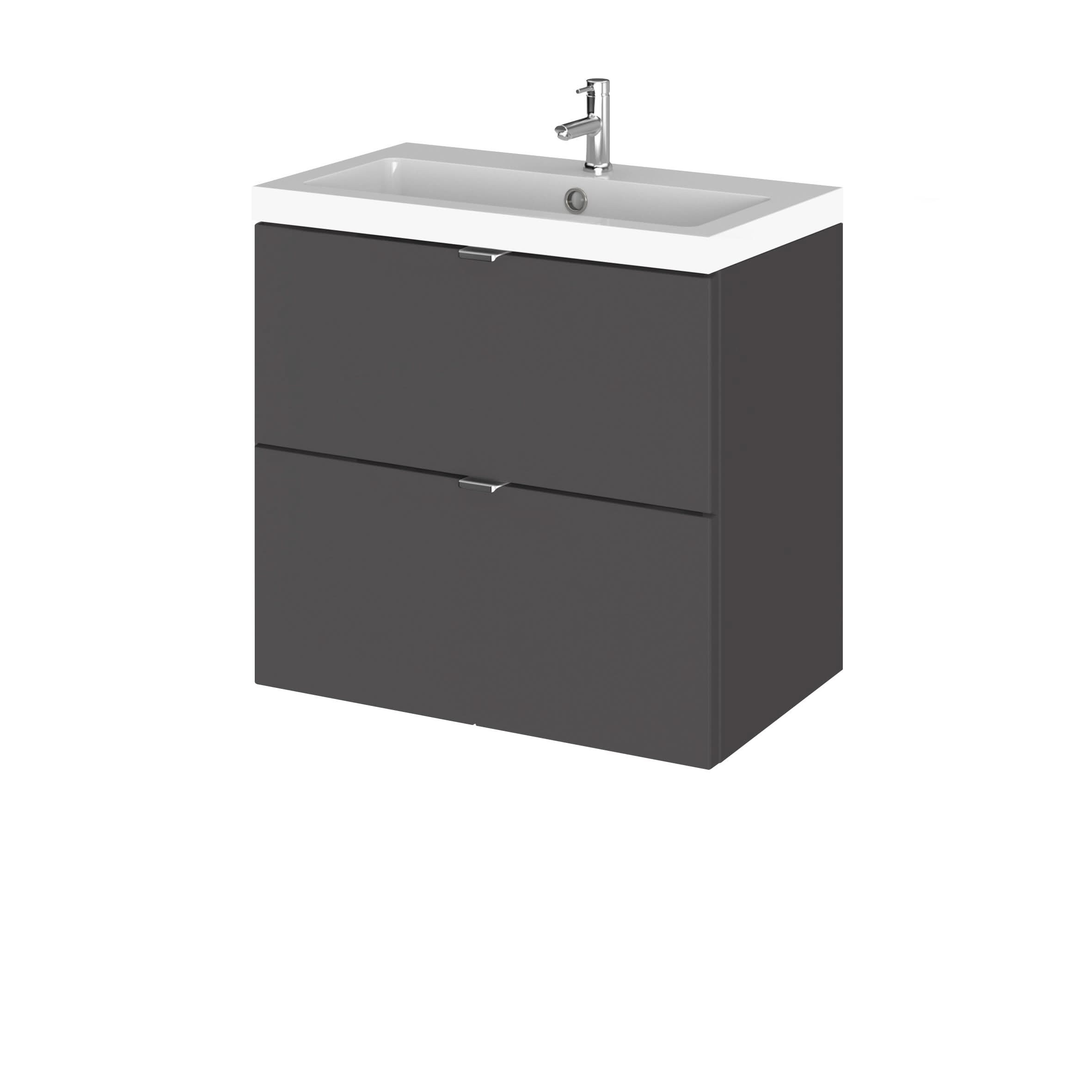 Hudson Reed Fusion Wall Hung Vanity Unit, Durable Double Soft Close Drawers with Wrapover Handle Cabinet Vanity Unit for Modern Bathroom in Gloss Grey Finish, 600mm