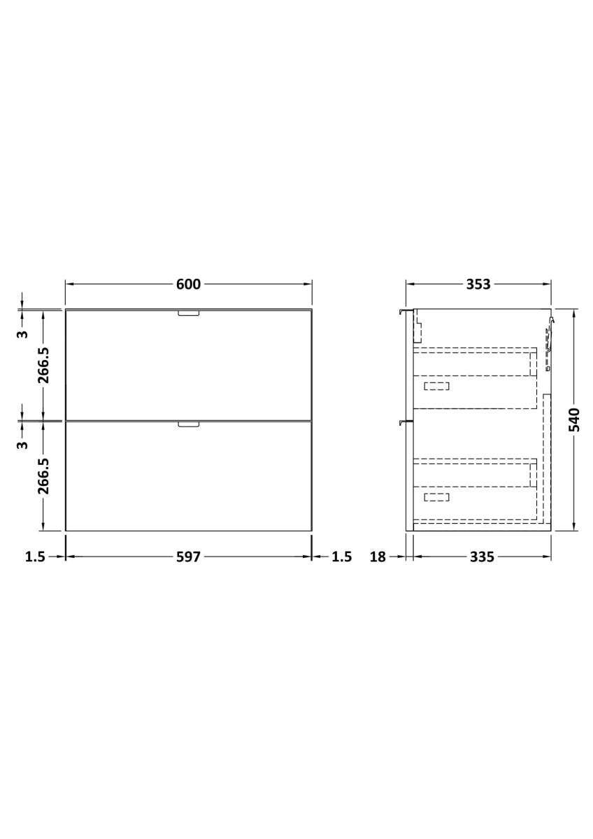 Hudson Reed Fusion Wall Hung 2 Soft Close Drawer Vanity Unit without Basin, Modern Bathroom Furniture in Gloss Grey Finish, 600mm