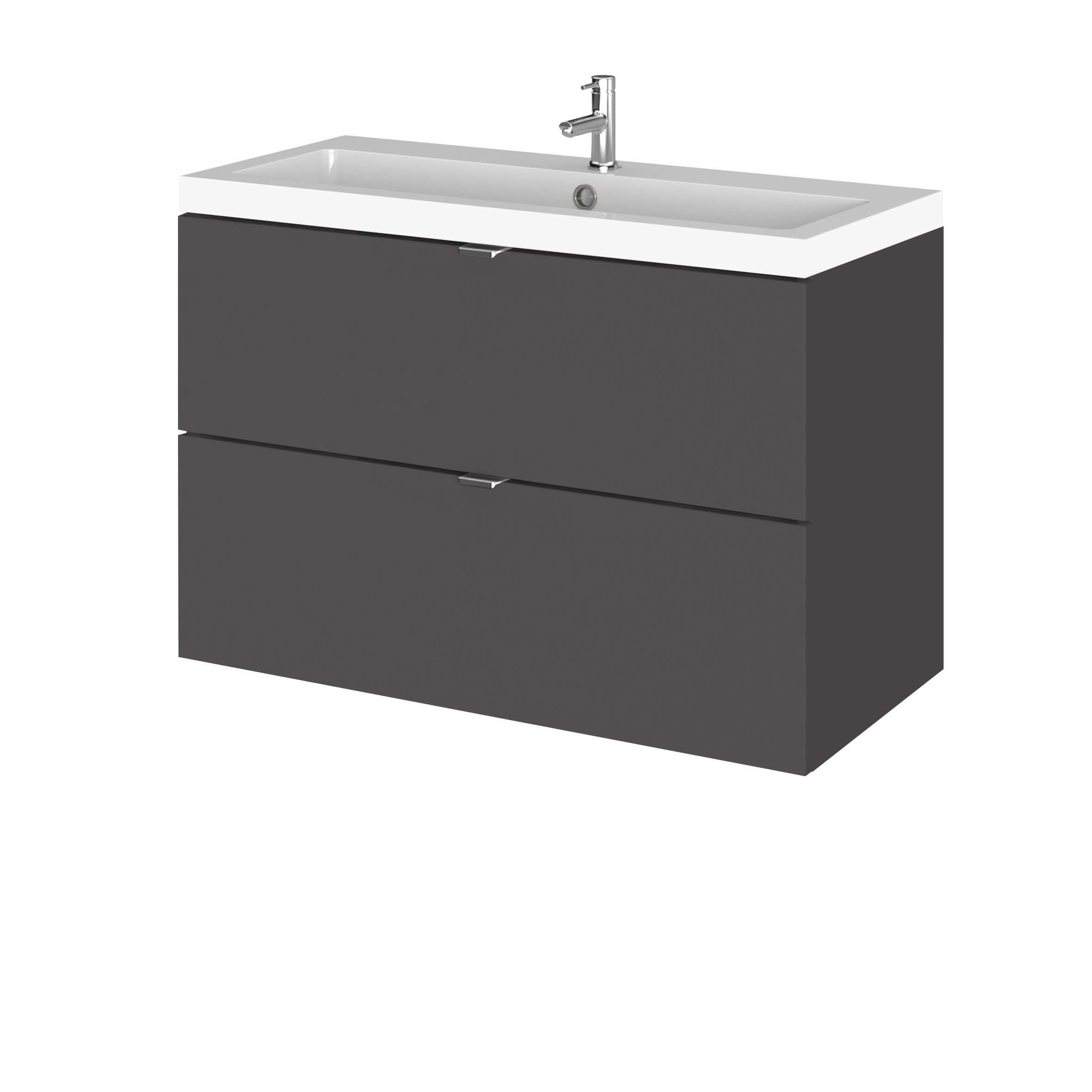 Hudson Reed Fusion Wall Hung Vanity Unit, Durable Double Soft Close Drawers with Wrapover Handle Cabinet Vanity Unit for Modern Bathroom in Gloss Grey Finish, 800mm