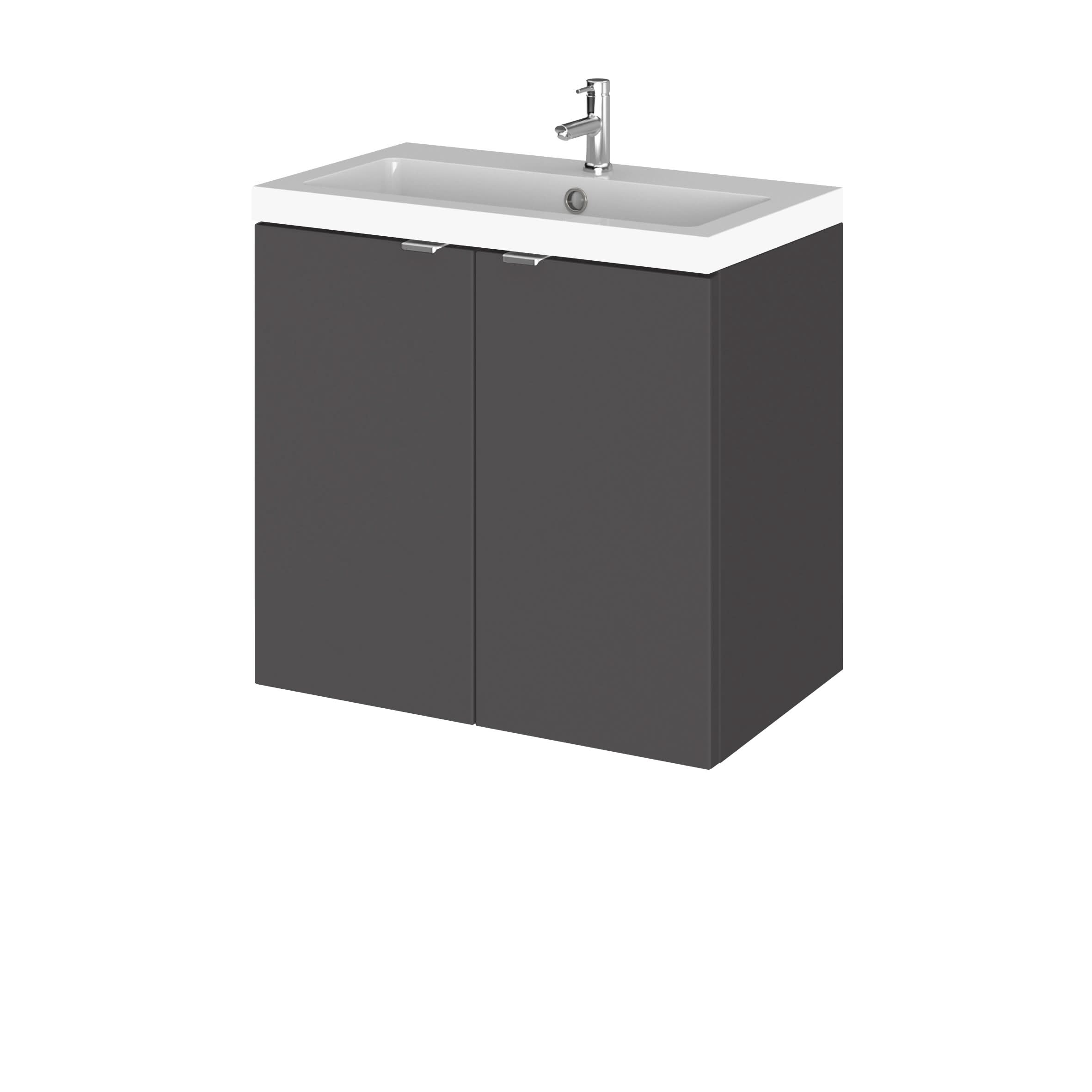 Hudson Reed Fusion Wall Hung Vanity Unit with Basin, Durable 2 Soft-Close Doors with Modern Wrapover Handles Vanity Unit for Compact Bathroom in Gloss Grey Finish, 600mm