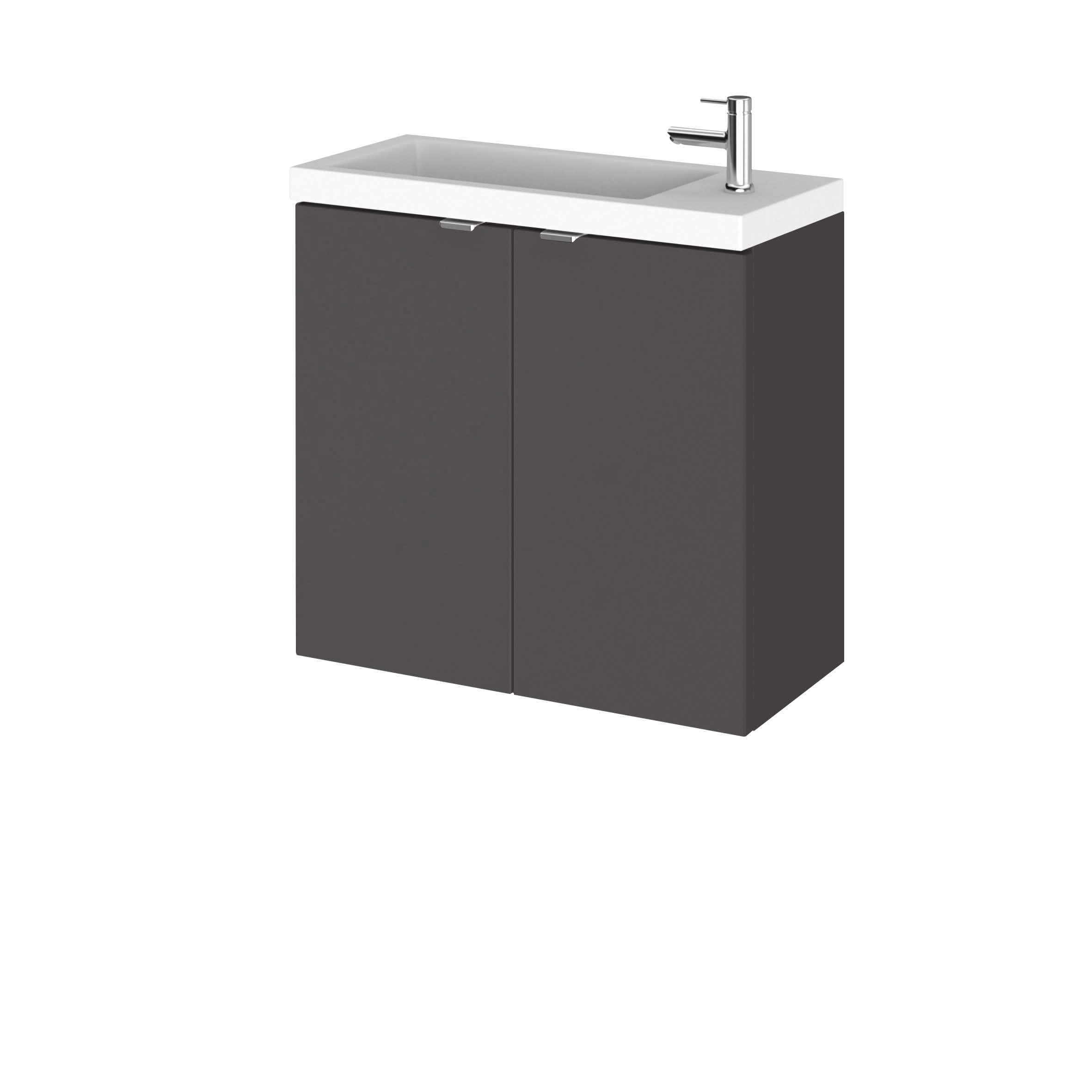 Hudson Reed Fusion Wall Hung Vanity Unit with Compact Basin, Durable 2 Soft-Close Doors with Modern Wrapover Handles Vanity Unit in Gloss Grey Finish, 600mm