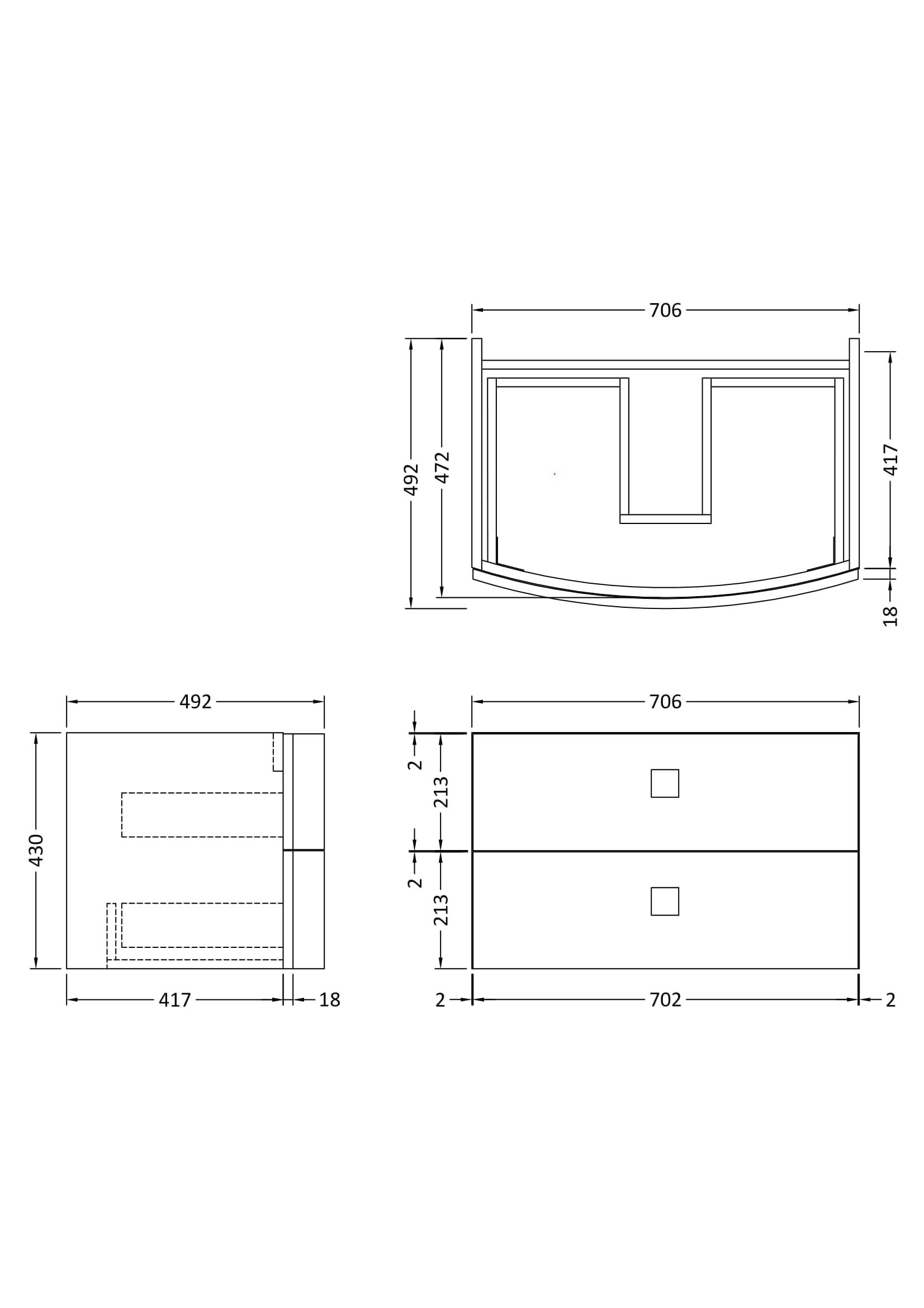 Hudson Reed Sarenna Wall Hung Vanity Unit, Durable 2 Soft Close Drawer with Square Handles Storage Vanity Unit for Modern Bathrooms in Moon White Finish, 700mm