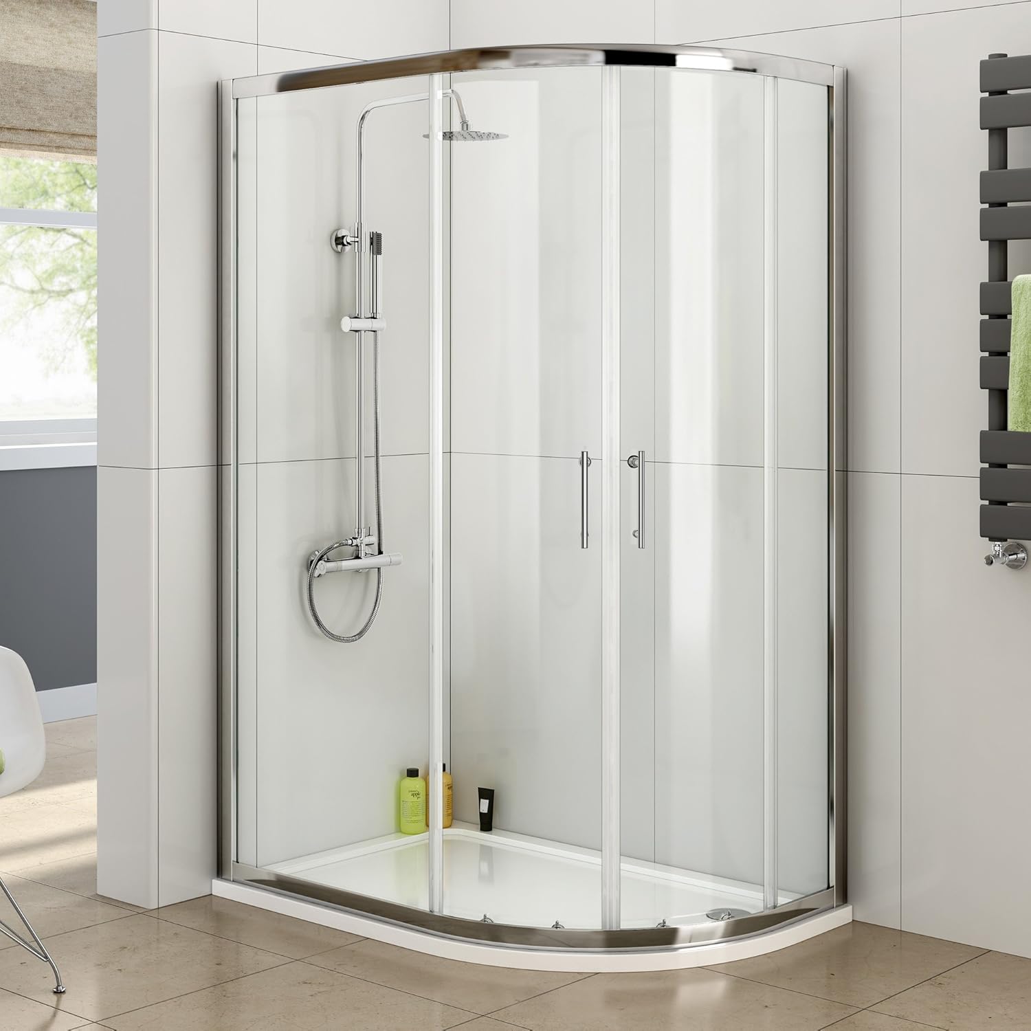 iBathUK Solis Quadrant Sliding Shower Enclosure, 6mm Reversible Glass Door for Modern Bathroom Corners, Offset Quadrant Shower Enclosure, 900 x 760mm