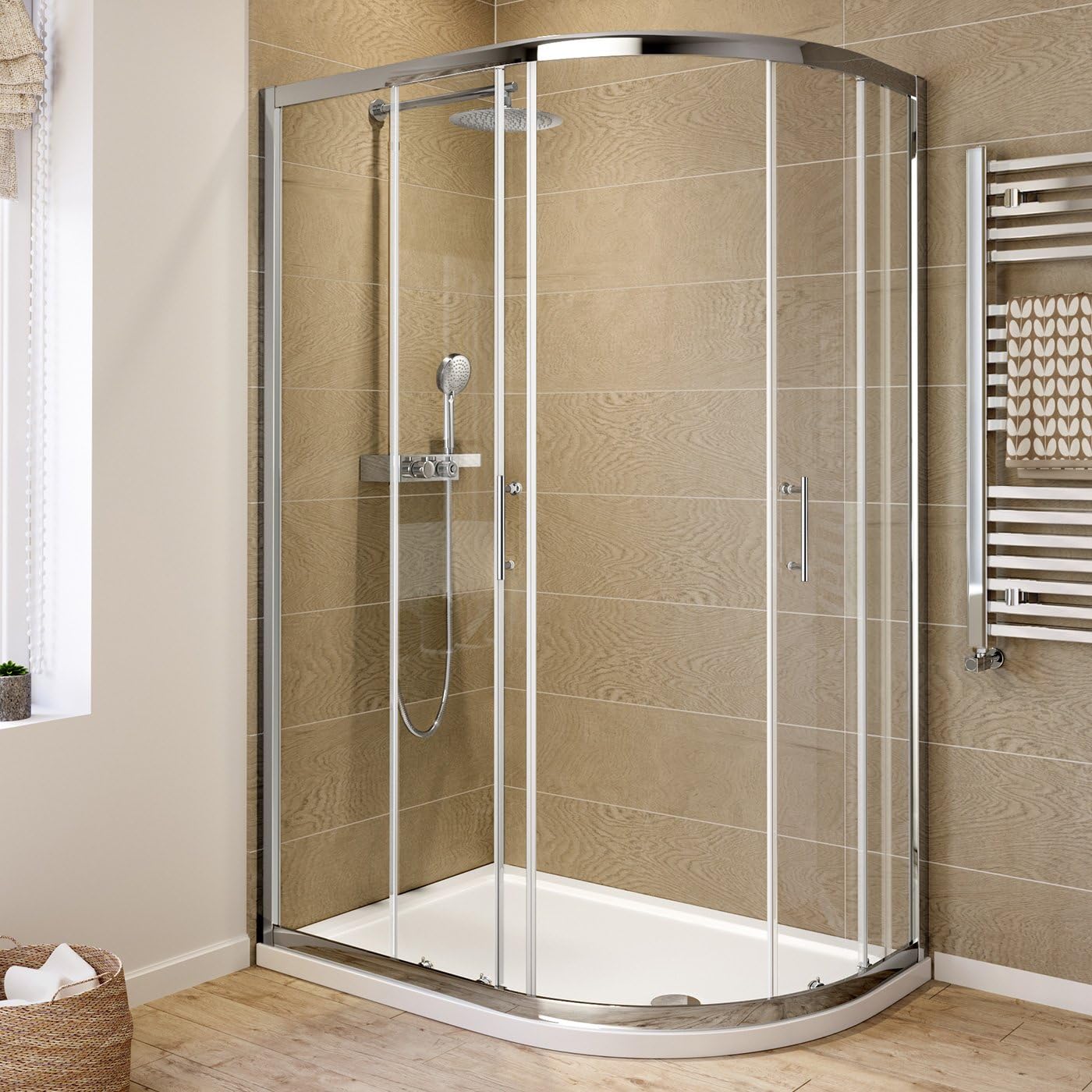 iBathUK Solis Quadrant Sliding Shower Enclosure, 6mm Reversible Glass Door for Modern Bathroom Corners, Offset Quadrant Shower Enclosure, 900 x 760mm
