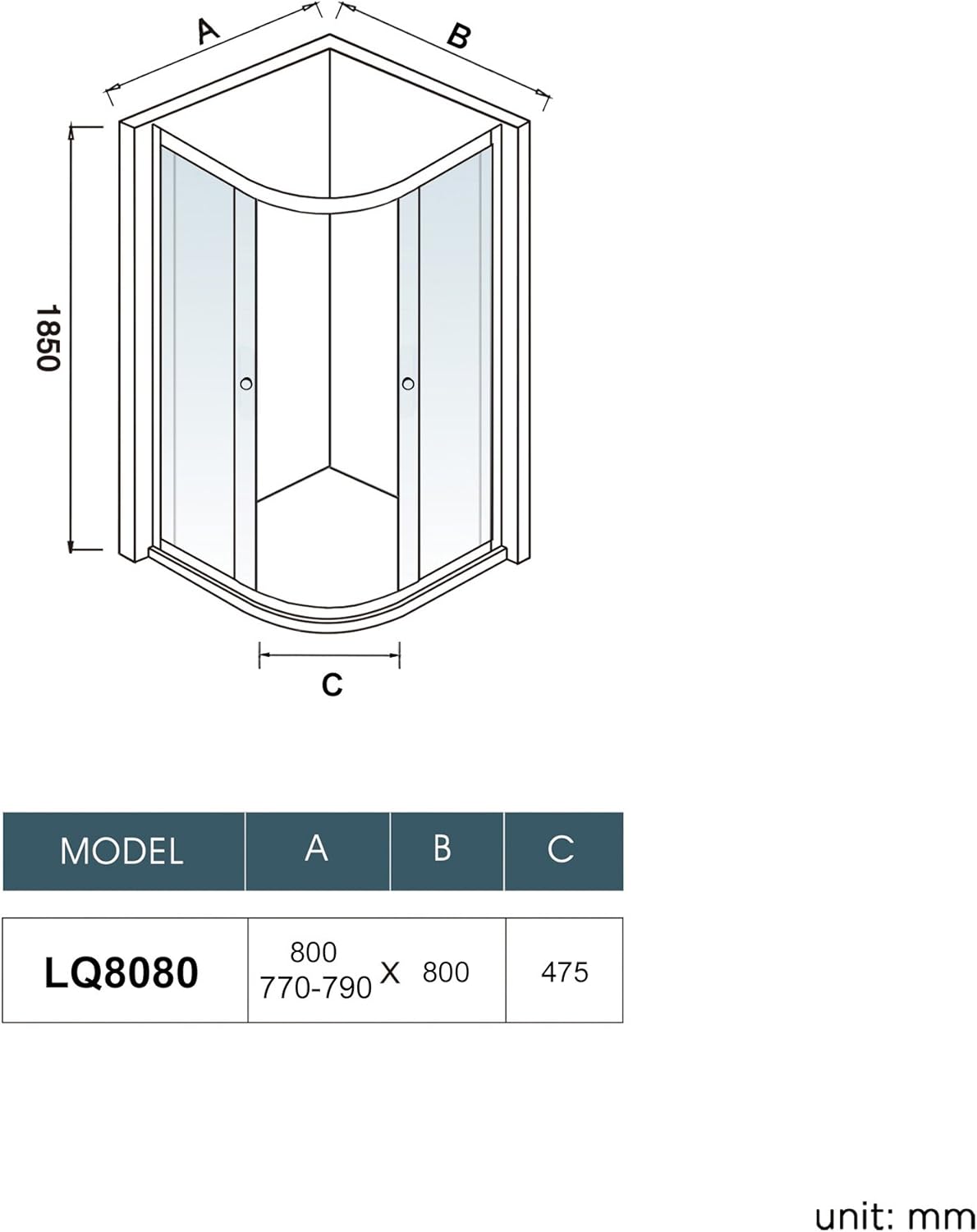 iBathUK Vesper Modern Quadrant Glass Shower Enclosure, Curved Double Sliding Doors, Quadrant Shower Enclosure, 800 × 800 mm