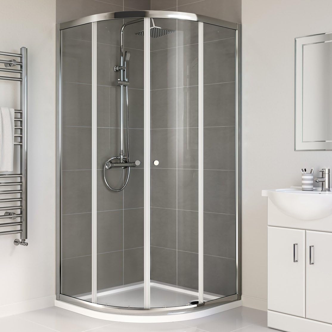 iBathUK Vesper Modern Quadrant Glass Shower Enclosure, Curved Double Sliding Doors, Quadrant Shower Enclosure, 800 × 800 mm