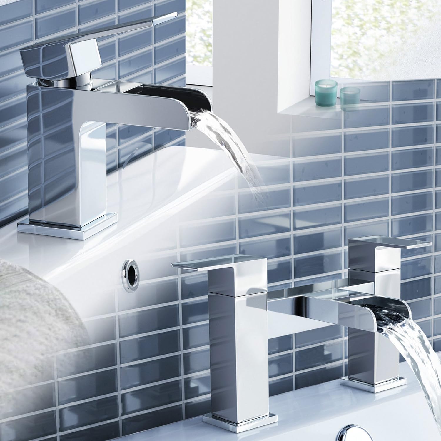 iBathUK Kinetic Waterfall Basin Sink Mixer Tap, Bath Tub Filler Luxury Bathroom Set, Elegant Bath Sink Mixer Tap, Chrome