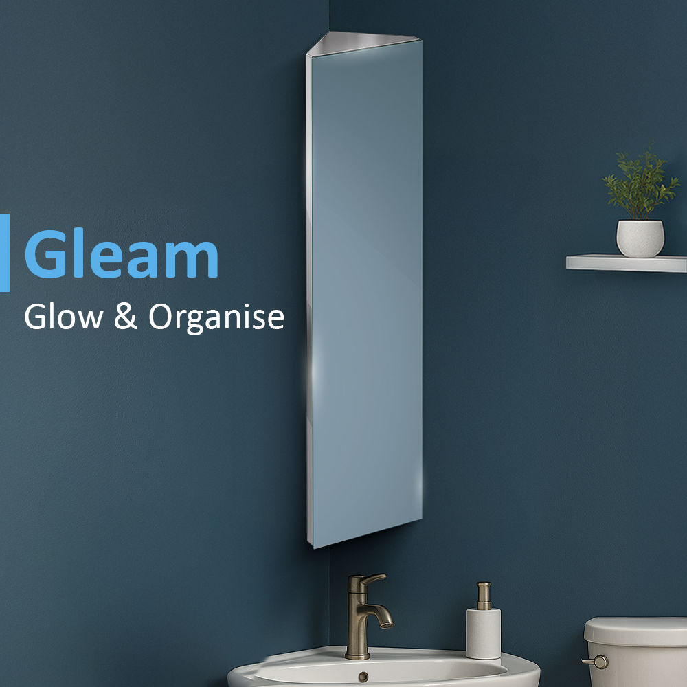 iBathUK Gleam Wall Mounted Tall Corner Bathroom Mirror Cabinet, Modern Stainless Steel Storage Unit with 1 Door & Adjustable Glass Shelf, Bathroom Mirror Cabinet in Silver, 1200 x 300mm