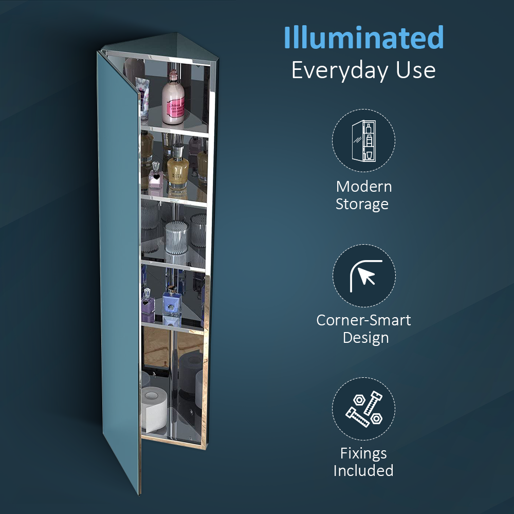 iBathUK Gleam Wall Mounted Tall Corner Bathroom Mirror Cabinet, Modern Stainless Steel Storage Unit with 1 Door & Adjustable Glass Shelf, Bathroom Mirror Cabinet in Silver, 1200 x 300mm