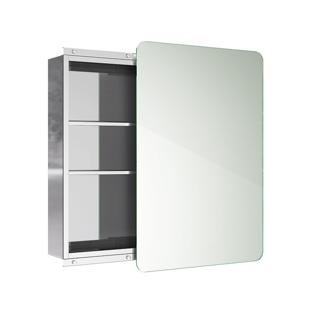 iBathUK Helsinki Wall Mounted Mirror Cabinet with Sliding Mirror Door, Pre-Assembled Modern Stainless Steel Bathroom Storage Unit 1 Door, 2 Shelves with Portrait Orientation in Silver, 660 x 460mm