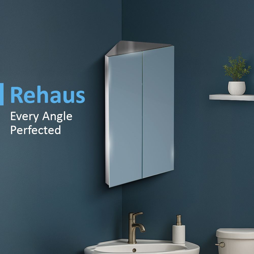 iBathUK Rehaus Wall-Mounted Vertical Corner Bathroom Mirror Cabinet, Stainless Steel 2-Door Storage Unit with Adjustable Shelves, Modern Bathroom Cabinet in Silver, 780 x 450mm