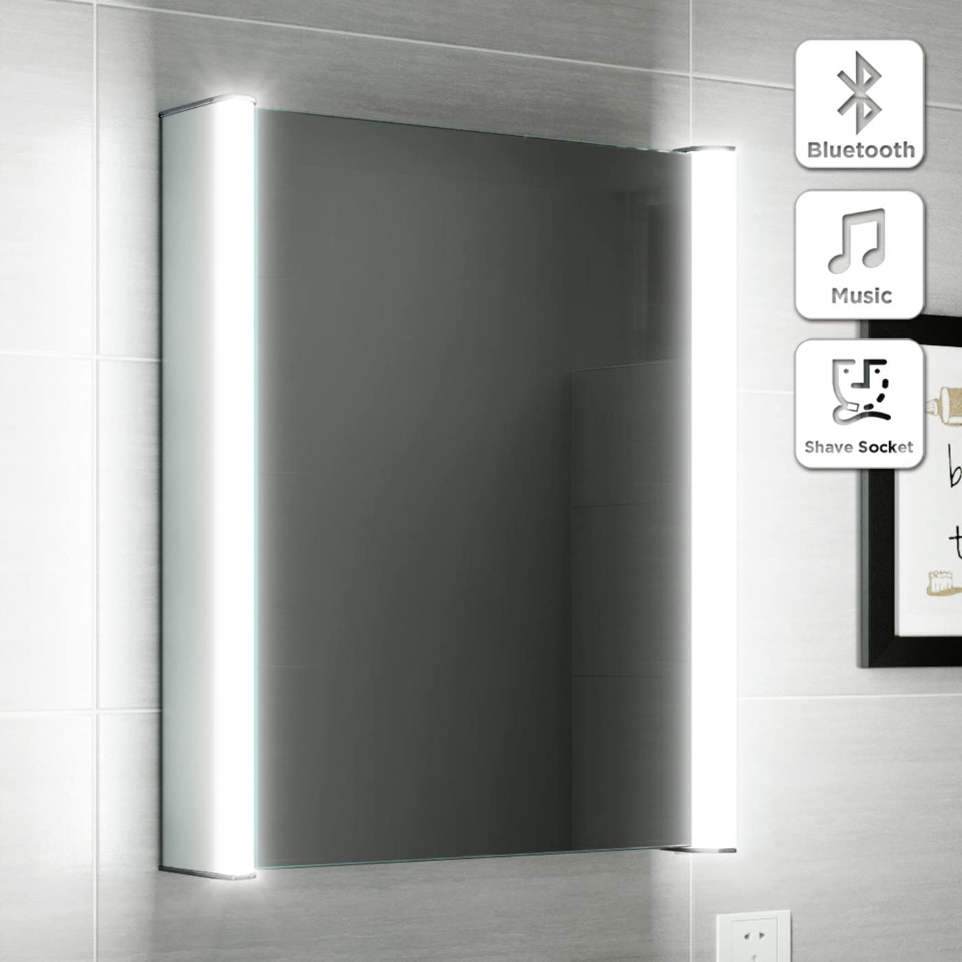 iBathUK Rehaus Wall-Mounted LED Illuminated Mirror Cabinet with Bluetooth, Shaver Socket, Touch Sensor, Adjustable Glass Shelves, Modern Bathroom Cabinet With Mirror in Silver, 500x650mm
