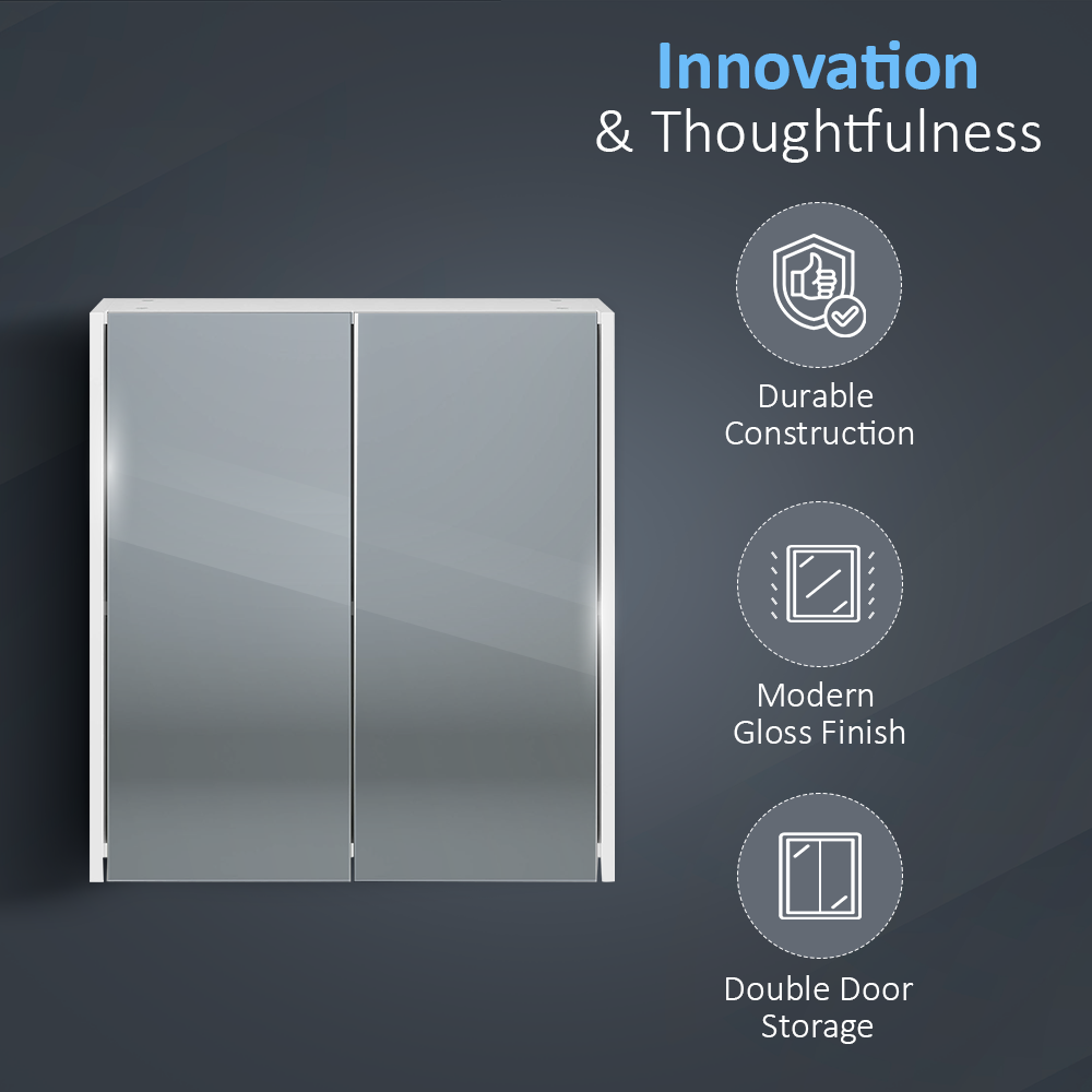 iBathUK Storvue Wall Mounted Illuminated Bathroom Mirror Cabinet with 2 Doors and 1 Adjustable Glass Shelf, Modern Bathroom Storage Mirror in Gloss White, 600 x 900mm