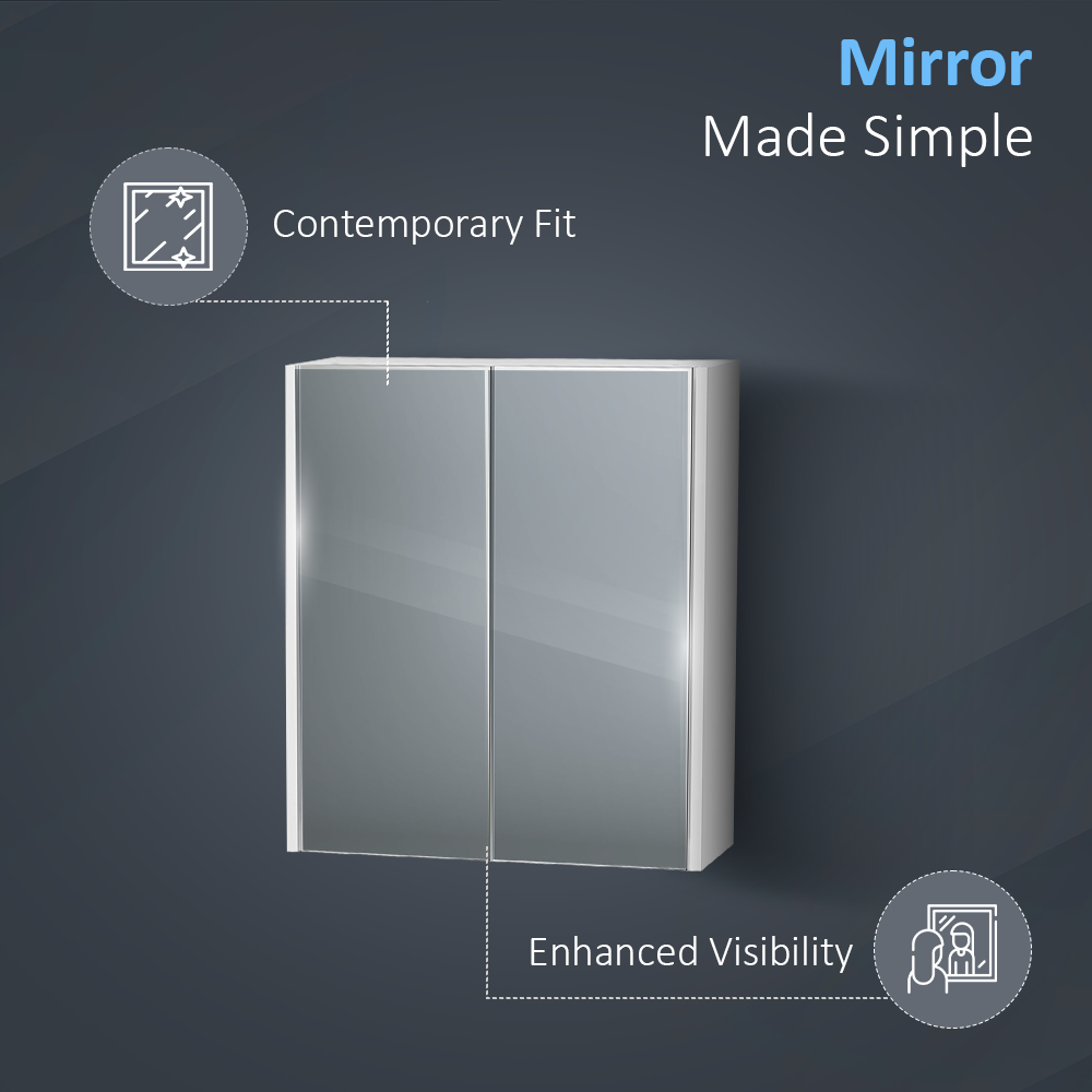 iBathUK Storvue Wall Mounted Illuminated Bathroom Mirror Cabinet with 2 Doors and 1 Adjustable Glass Shelf, Modern Bathroom Storage Mirror in Gloss White, 600 x 900mm