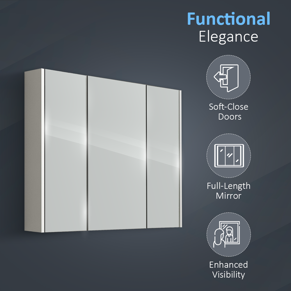 iBathUK Storvue Wall-Mounted Bathroom Mirror Cabinet with 3 Soft-Close Mirrored Doors, Contemporary Bathroom Mirror Cabinet in Gloss White Finish, 900mm