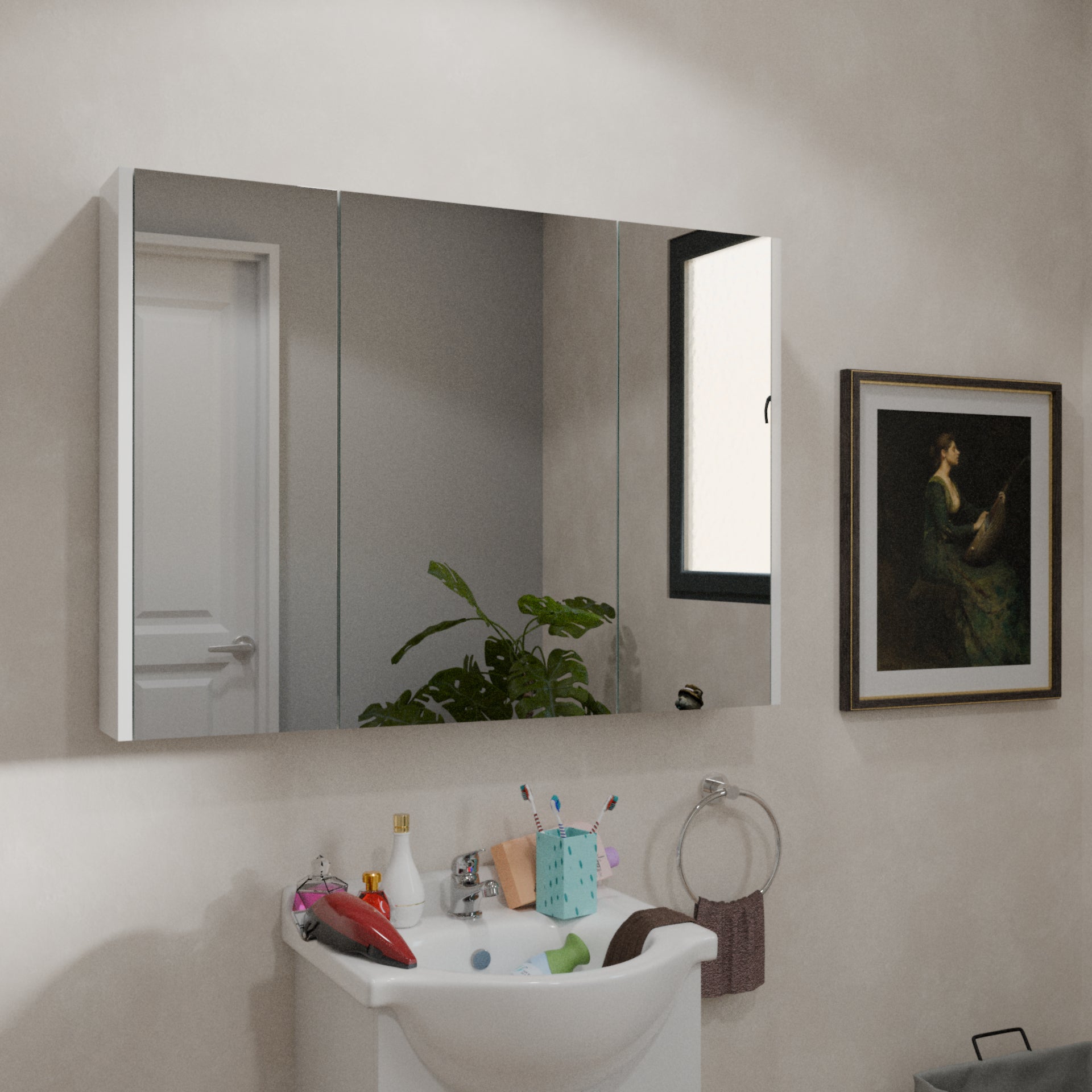 iBathUK Storvue Wall-Mounted Bathroom Mirror Cabinet with 3 Soft-Close Mirrored Doors, Contemporary Bathroom Mirror Cabinet in Gloss White Finish, 900mm
