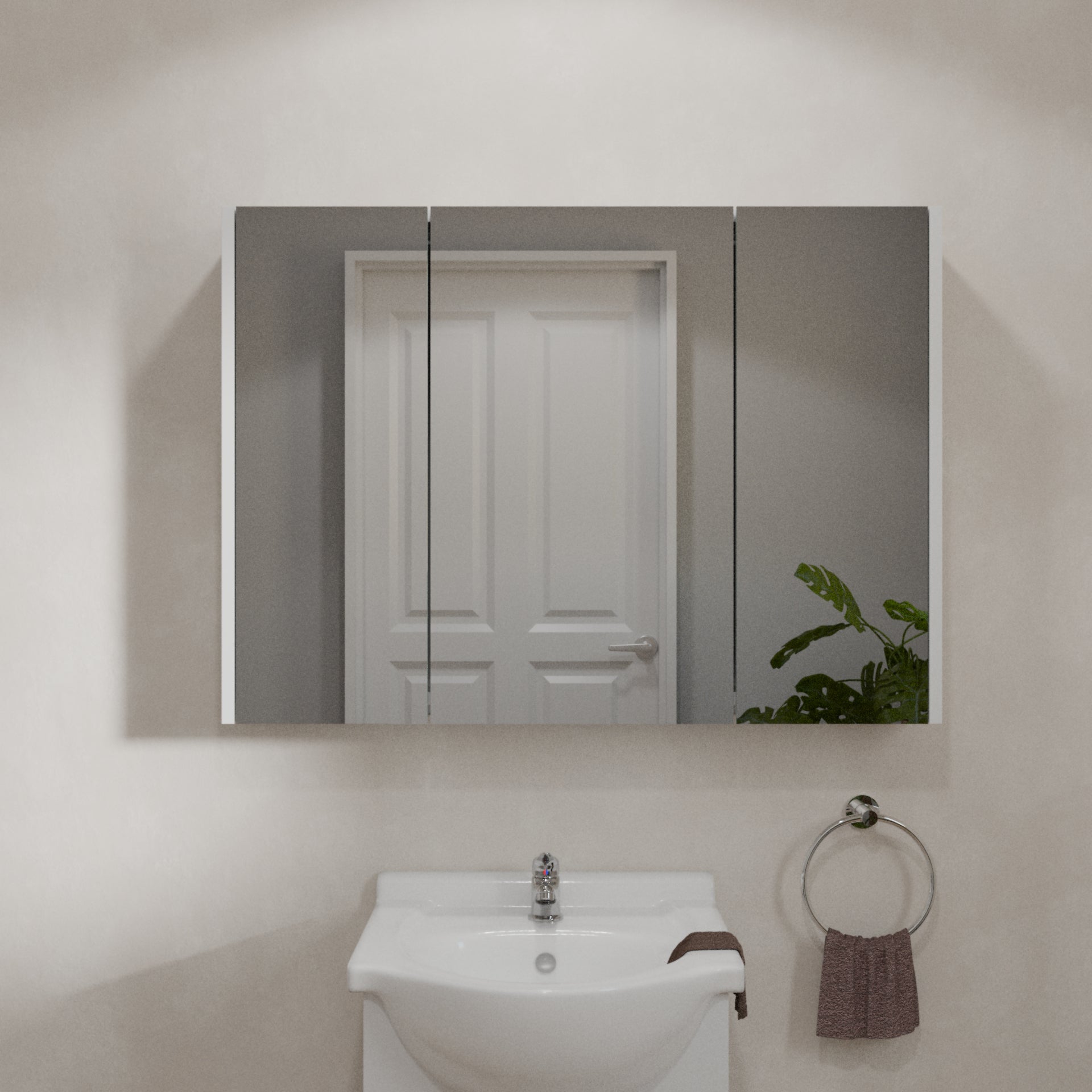 iBathUK Storvue Wall-Mounted Bathroom Mirror Cabinet with 3 Soft-Close Mirrored Doors, Contemporary Bathroom Mirror Cabinet in Gloss White Finish, 900mm