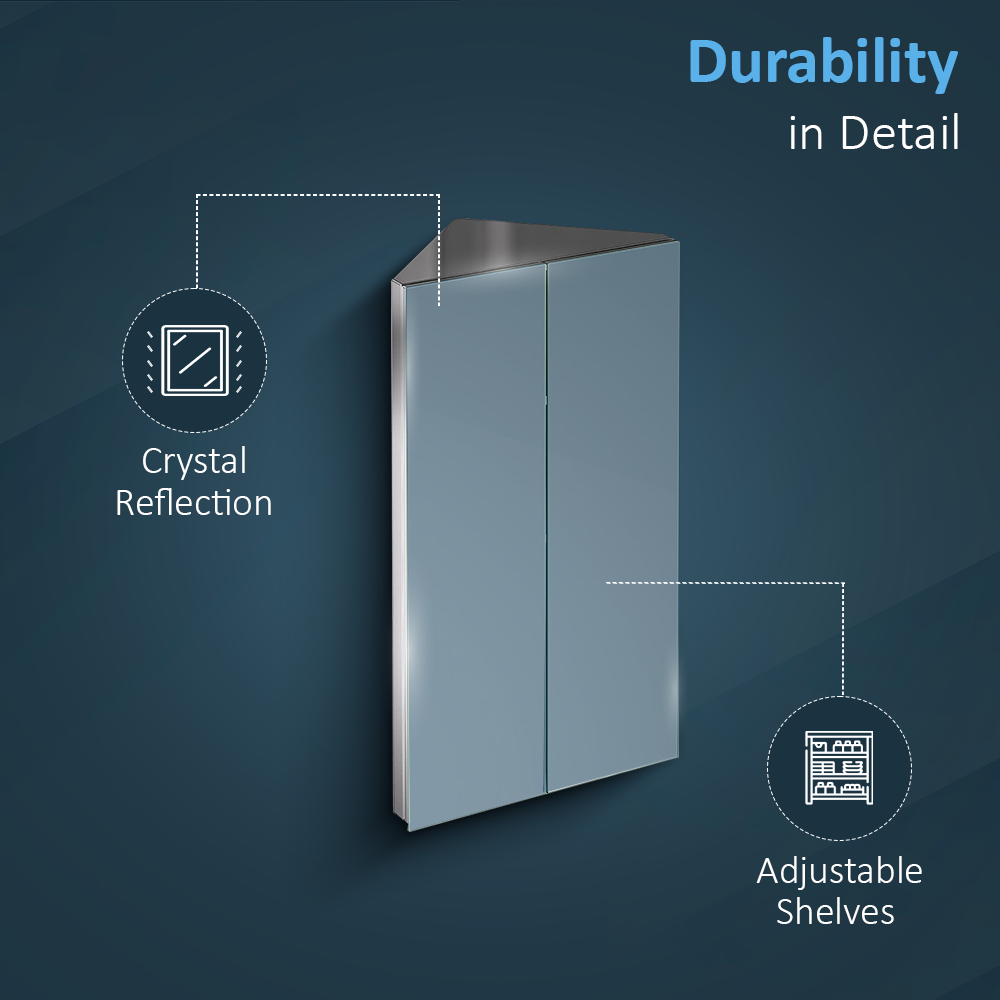 iBathUK Rehaus Wall-Mounted Vertical Corner Bathroom Mirror Cabinet, Stainless Steel 2-Door Storage Unit with Adjustable Shelves, Modern Bathroom Cabinet in Silver, 780 x 450mm