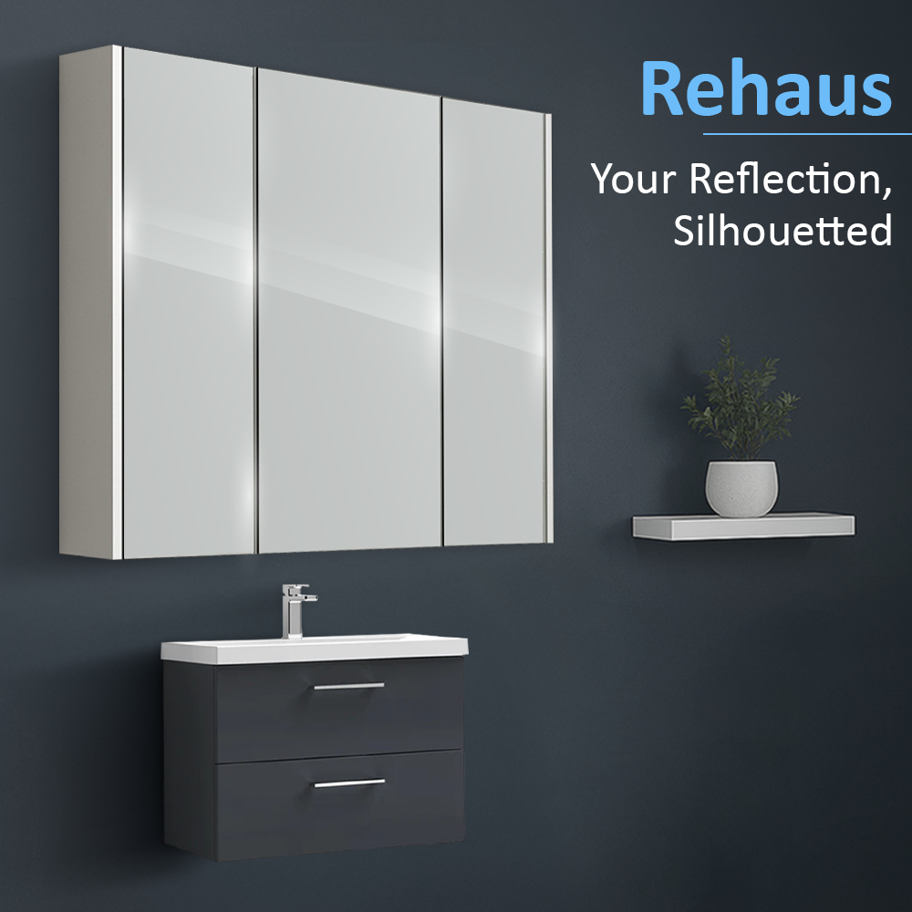iBathUK Storvue Wall-Mounted Bathroom Mirror Cabinet with 3 Soft-Close Mirrored Doors, Contemporary Bathroom Mirror Cabinet in Gloss White Finish, 900mm