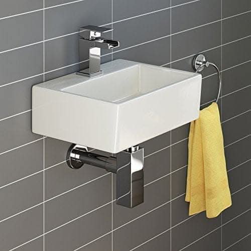 Modern Square Ceramic Cloakroom Wall Hung Basin - Gloss White