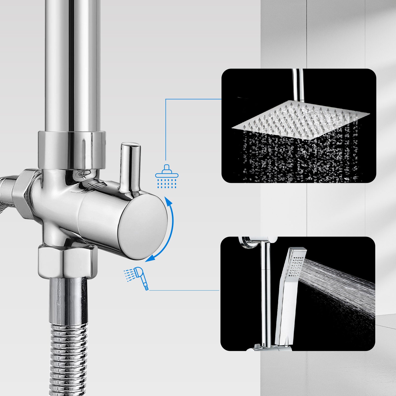 iBathUK Elevex 2 Way Shower Riser Rail Kit with SS Fixed Head & Diverter, Square Design with Universal Fittings, Shower Riser Rail, Chrome, H110 x W20 x D44cm